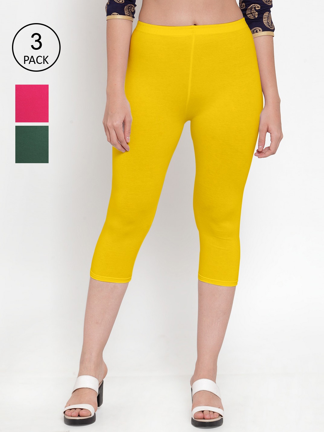 GRACIT Women Pack of 3 Capris, Yellow