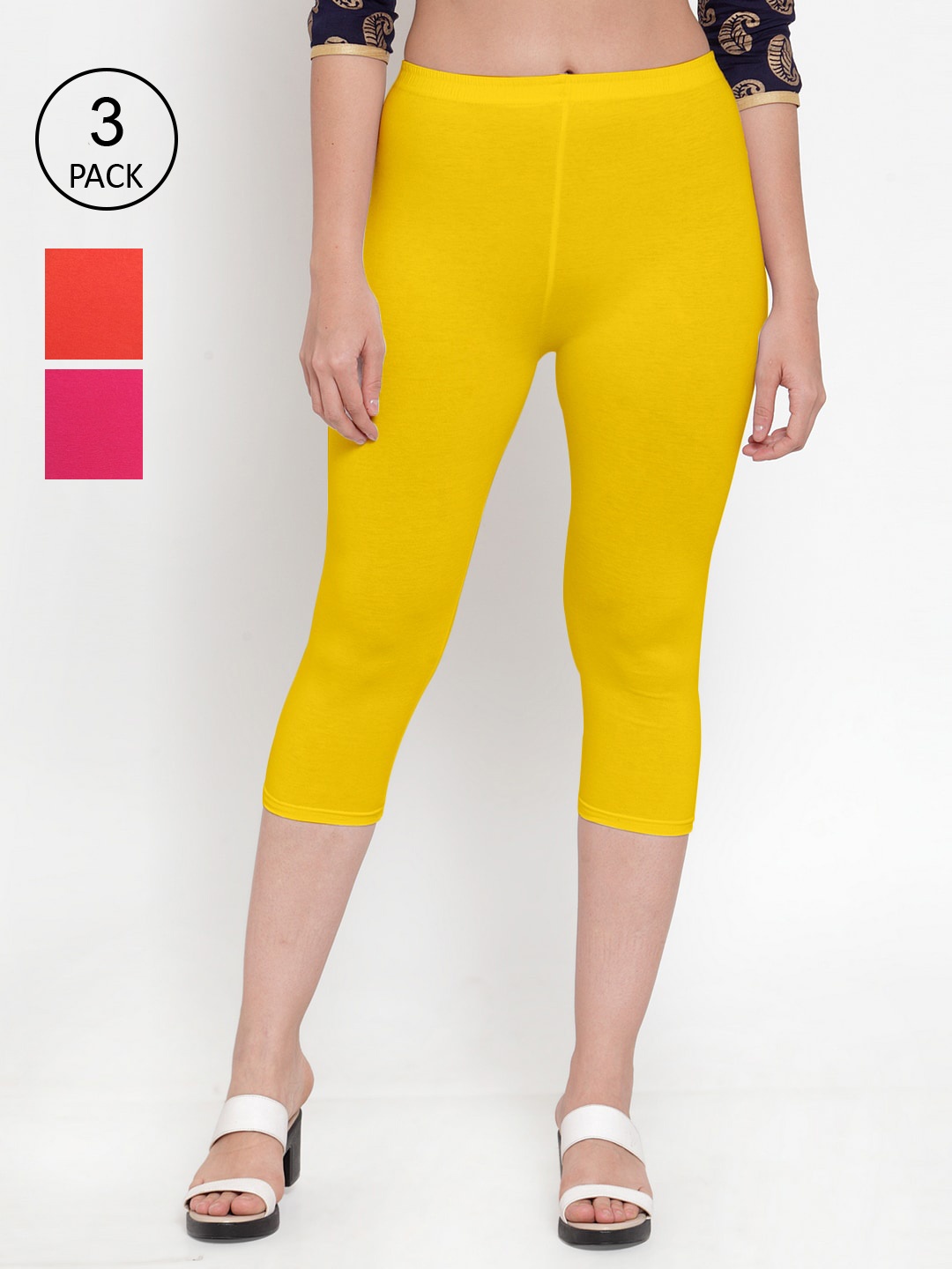 

GRACIT Women Pack of 3 Solid Capris, Yellow