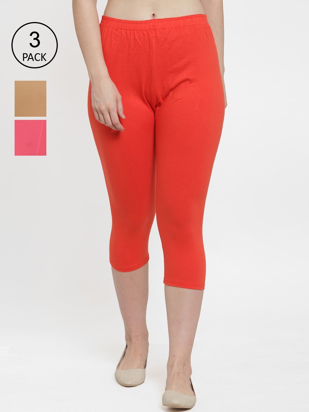 

GRACIT Women Pack of 3 Solid Capris, Orange