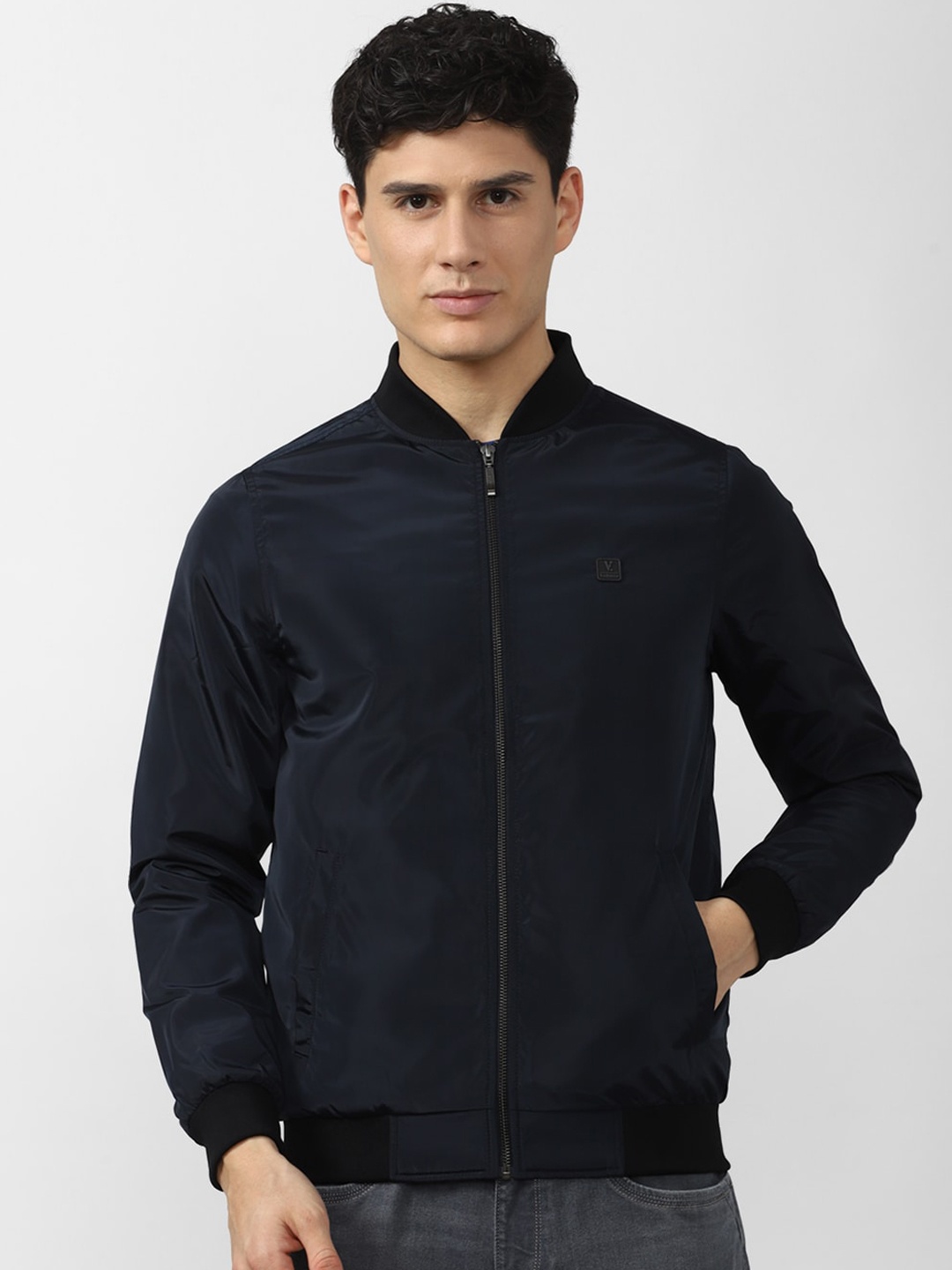 

V Dot Men Navy Blue Solid Polyester Long Sleeves Bomber Jacket