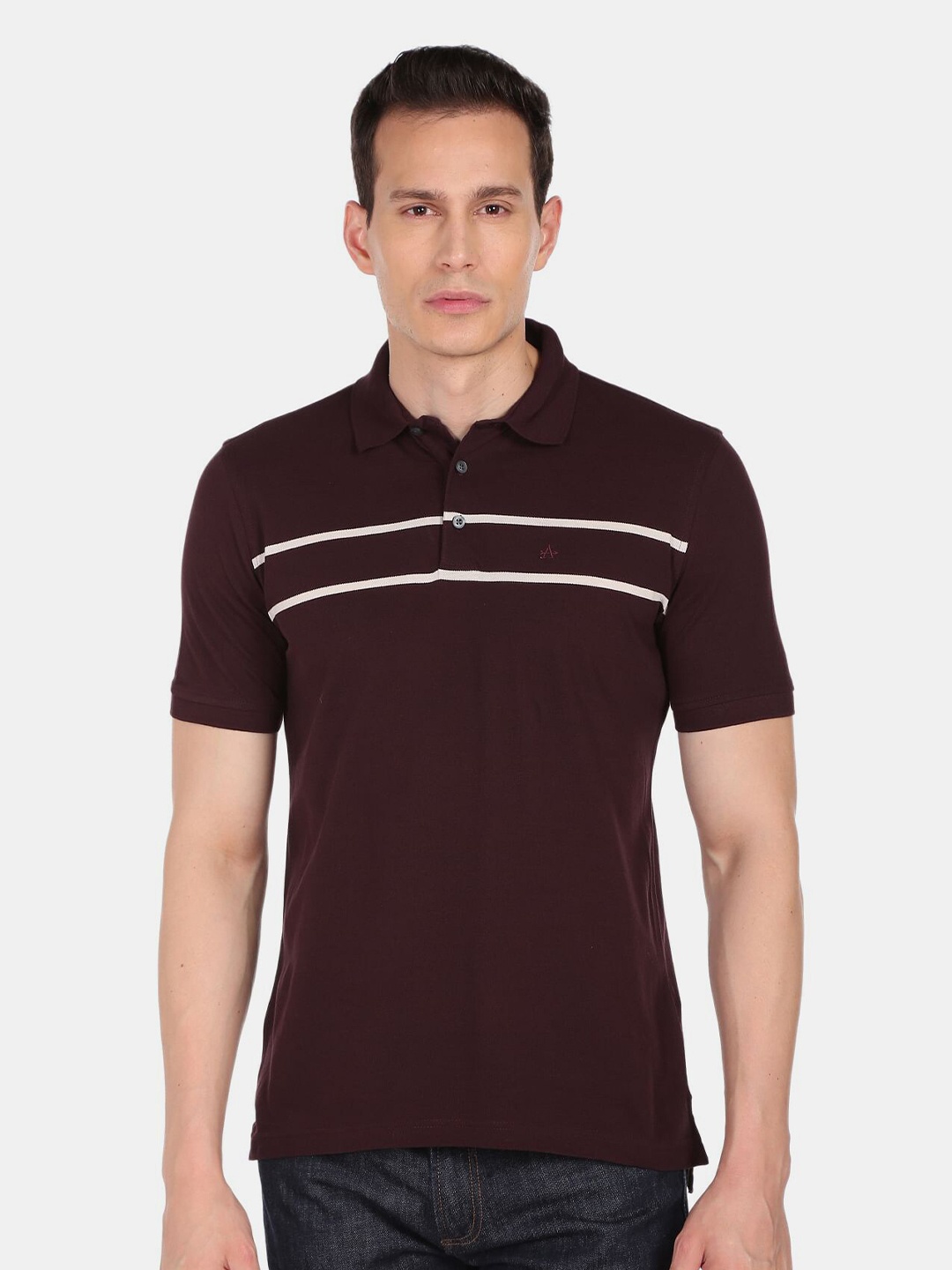 

Arrow Men Violet Striped Polo Collar Cotton T-shirt