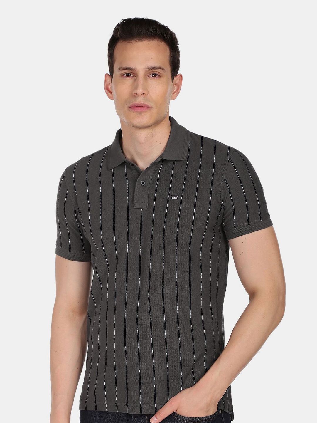 

Arrow Sport Men Grey Striped Polo Collar T-shirt