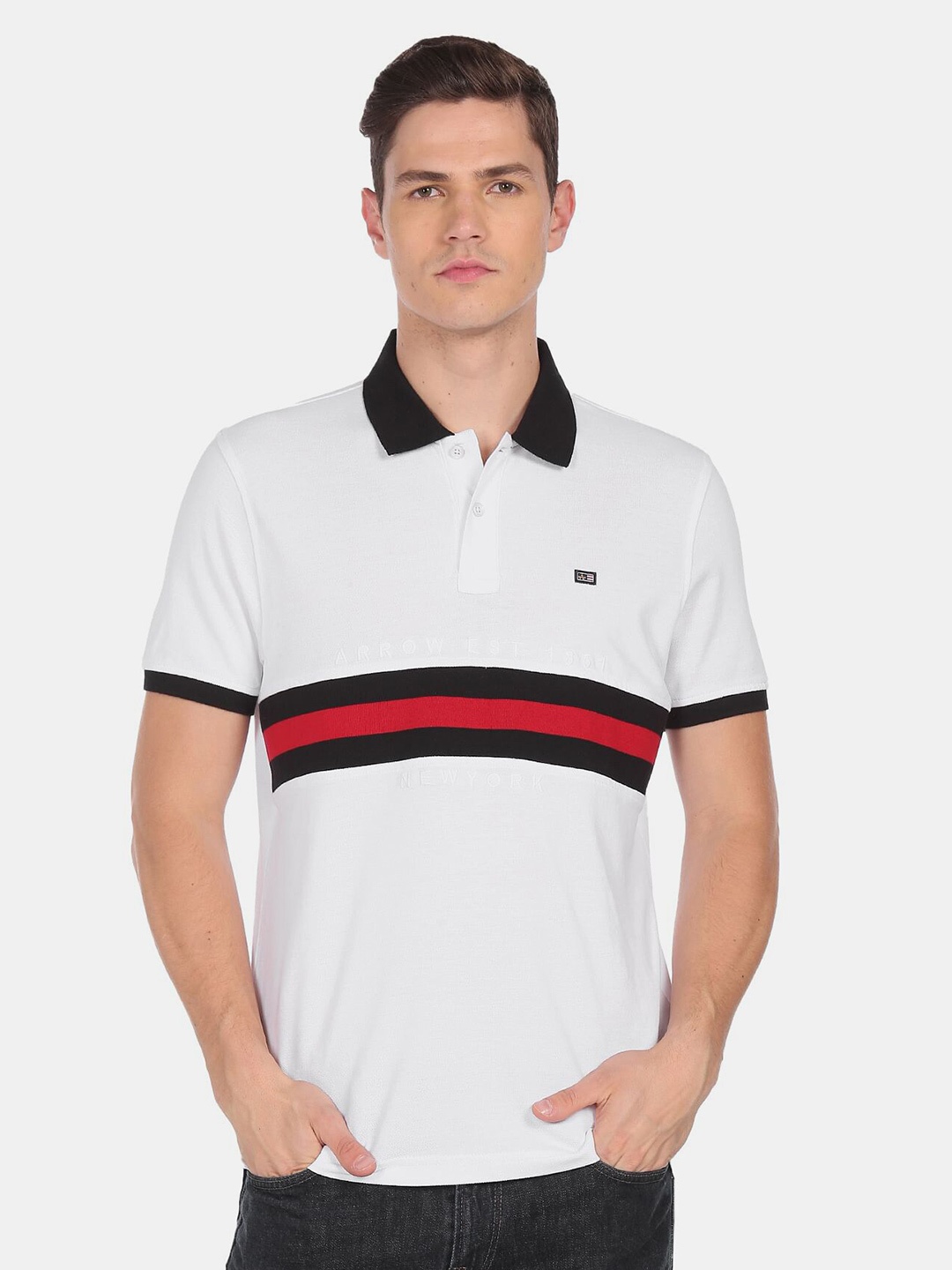 

Arrow Sport Men White Striped Polo Collar T-shirt