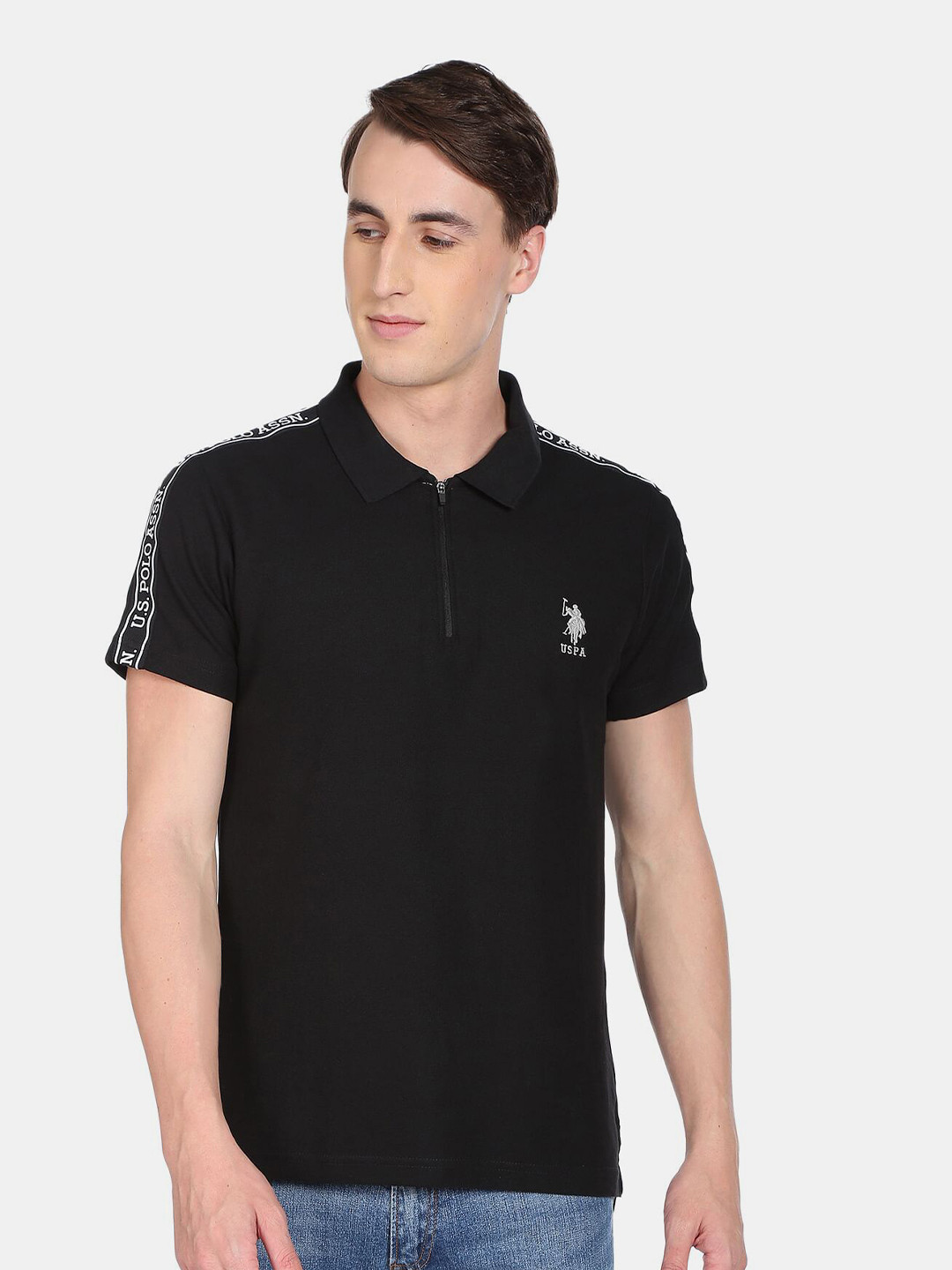 

U S Polo Assn Men Black Typography Printed Polo Collar T-shirt
