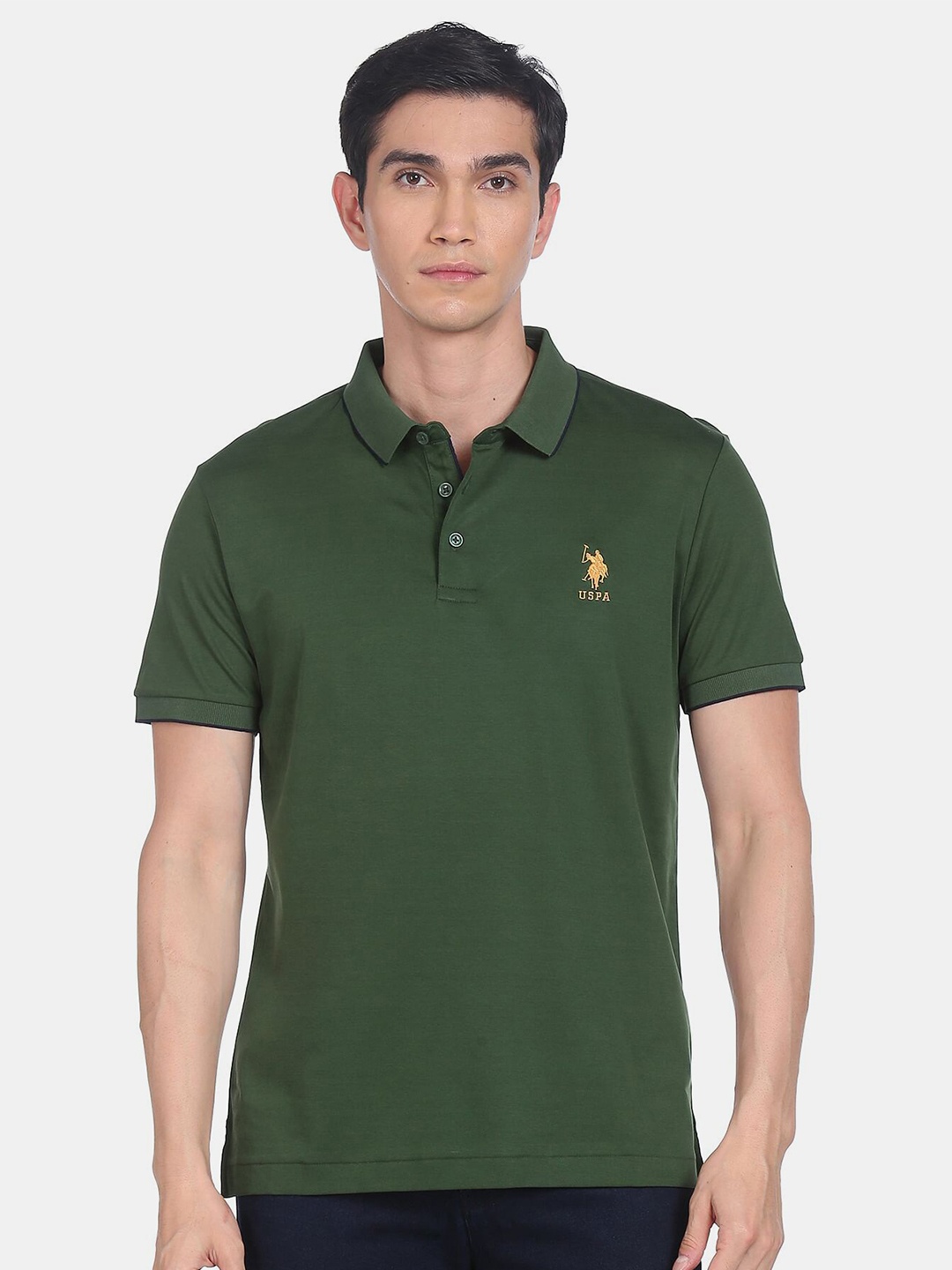 

U S Polo Assn Men Olive Green Polo Collar Cotton T-shirt