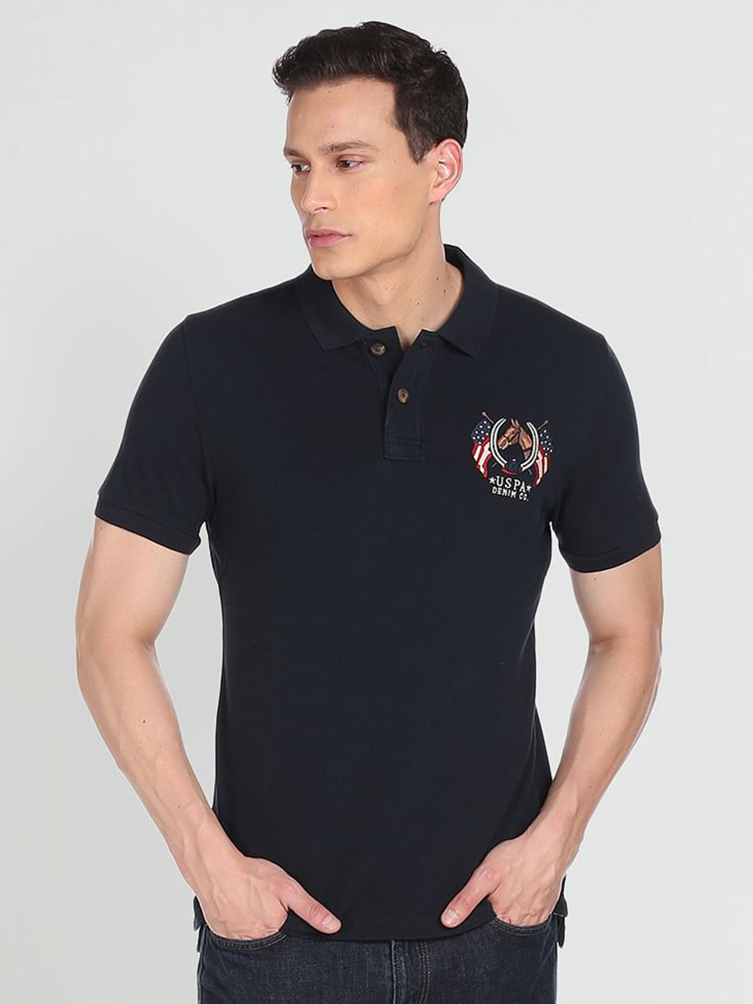 

U S Polo Assn Denim Co Men Navy Blue Polo Collar Applique T-shirt