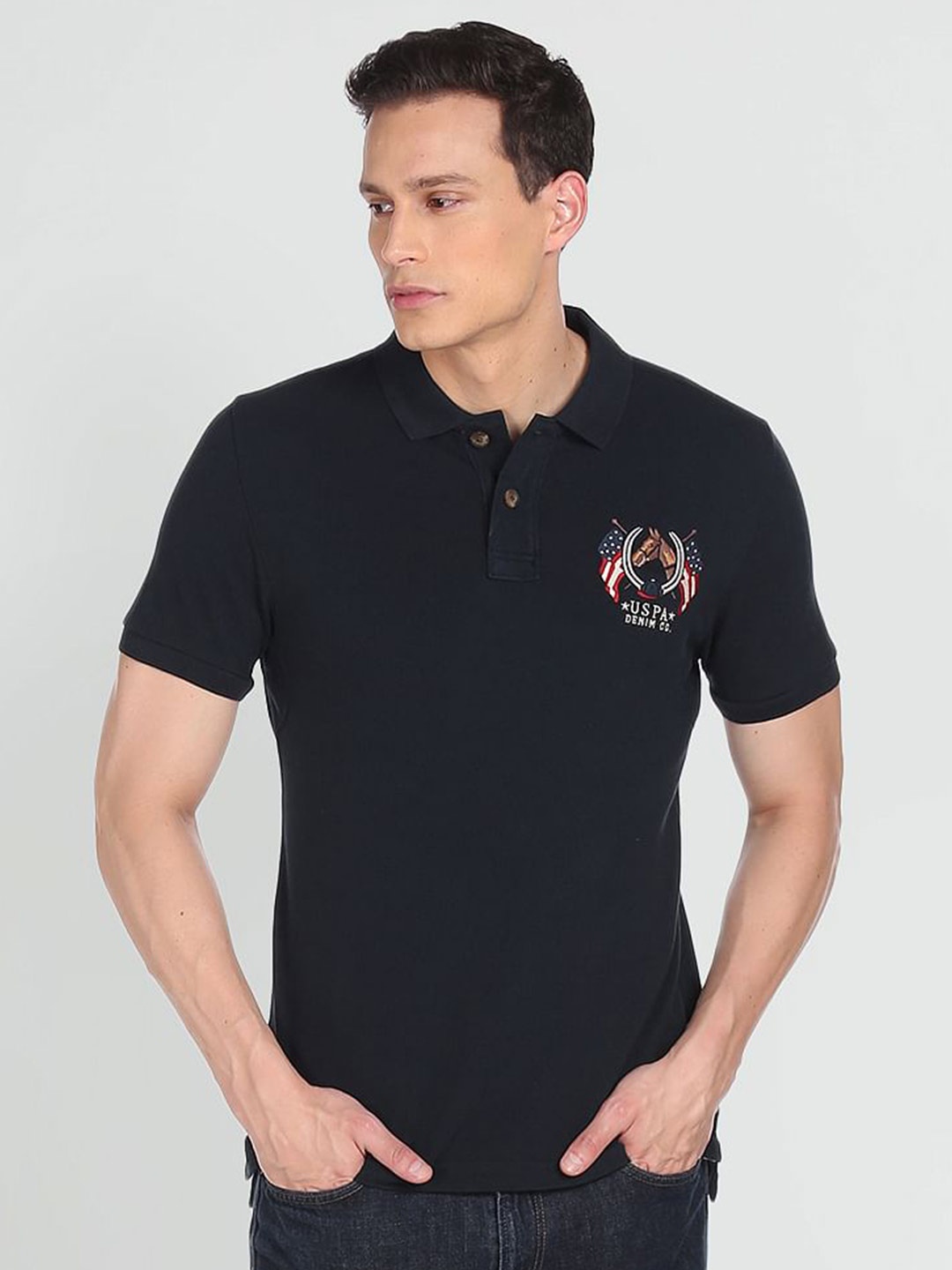 

U S Polo Assn Denim Co Men Navy Blue Polo Collar Applique T-shirt