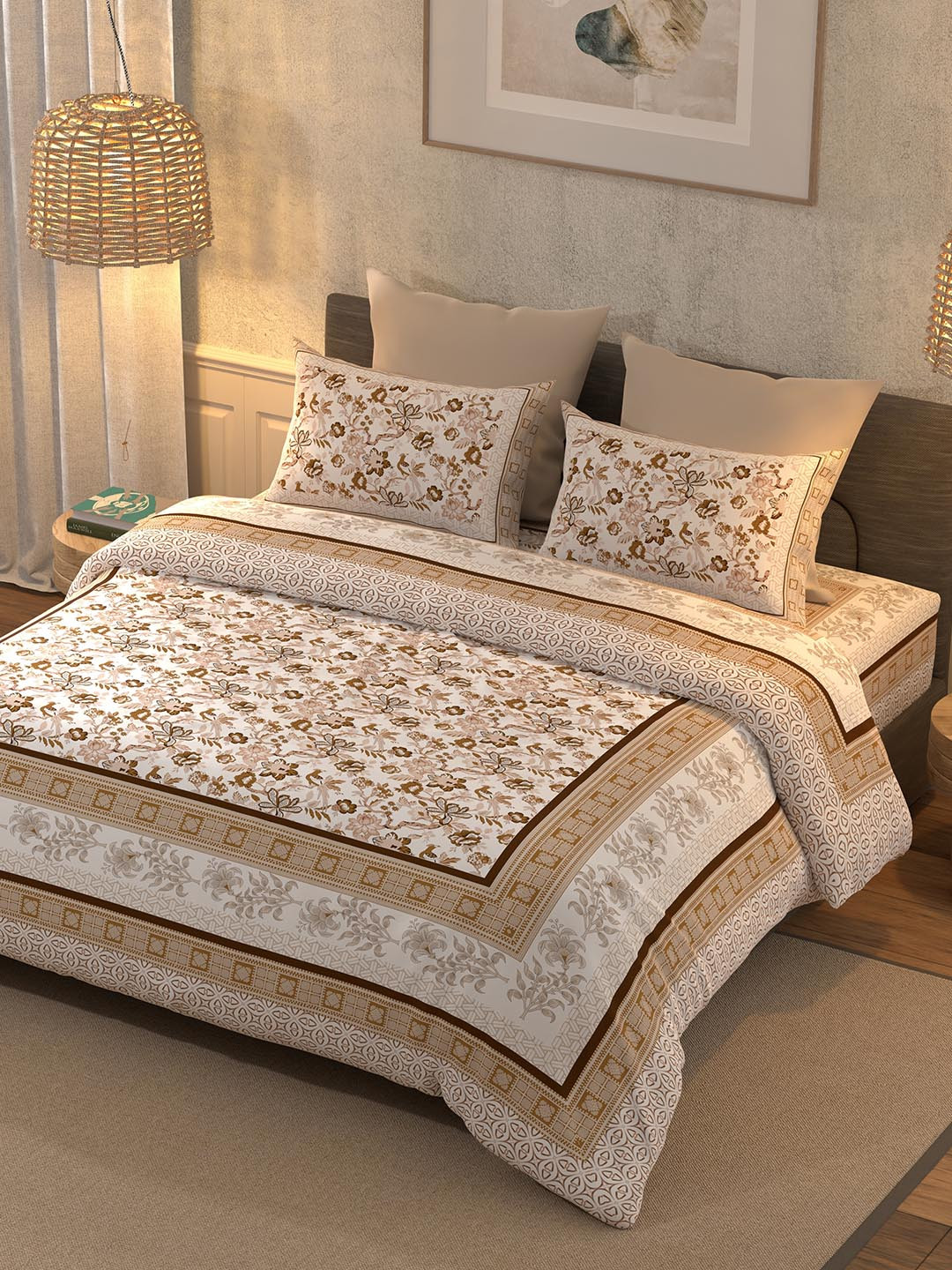

BELLA CASA Brown & White Ethnic Motifs Printed 350 TC King Bedsheet with 2 Pillow Covers