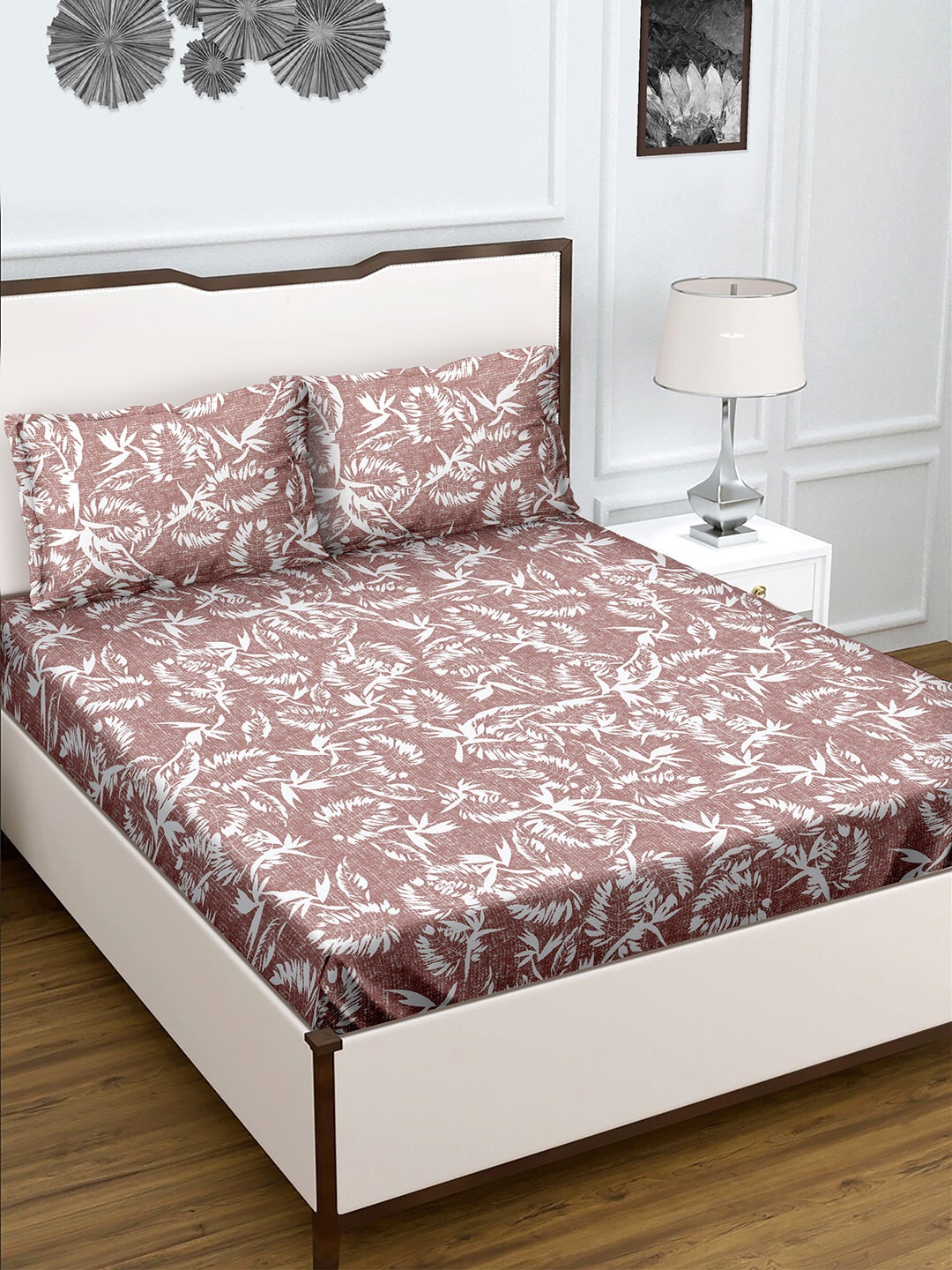 

BELLA CASA Pink & Off White Floral 210 TC King Bedsheet with 2 Pillow Covers