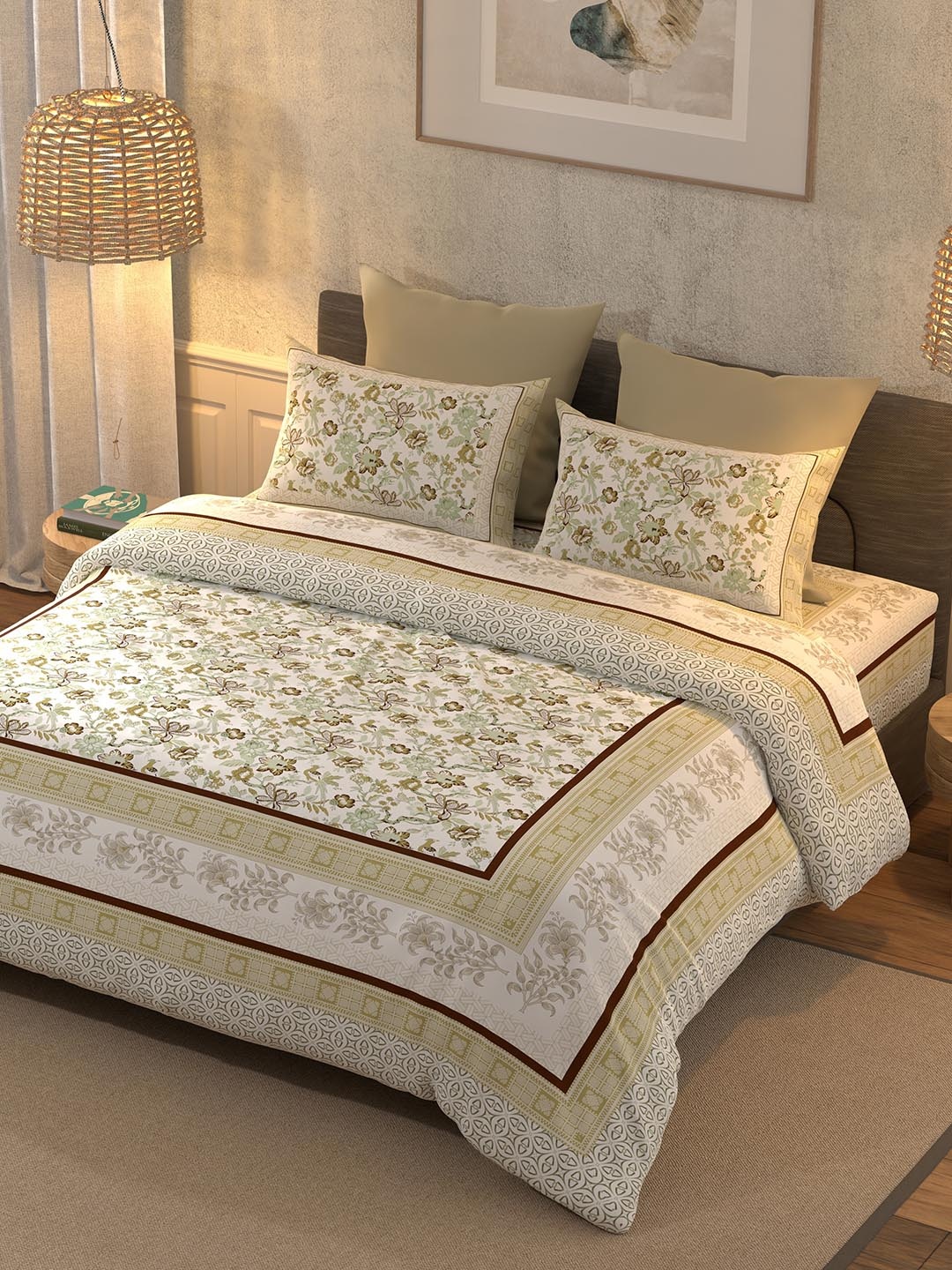 

BELLA CASA Green & White Floral 350 TC Cotton King Bedsheet with 2 Pillow Covers