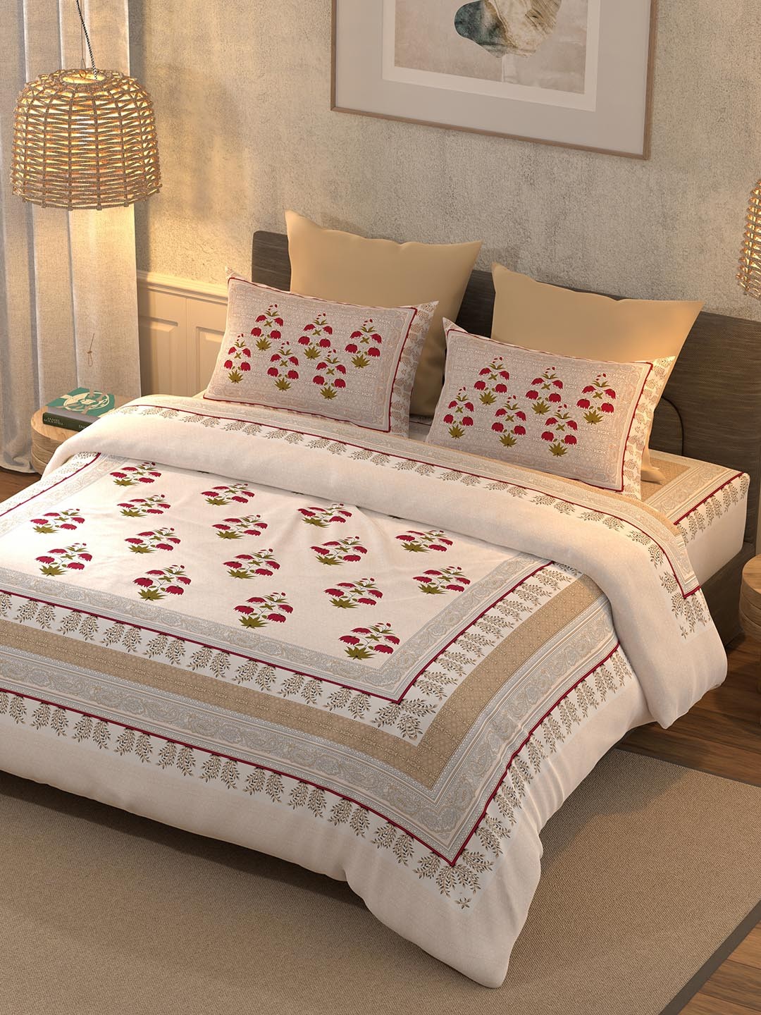 

BELLA CASA Pink & Green Ethnic Motifs 350 TC Super King Bedsheet with 2 Pillow Covers
