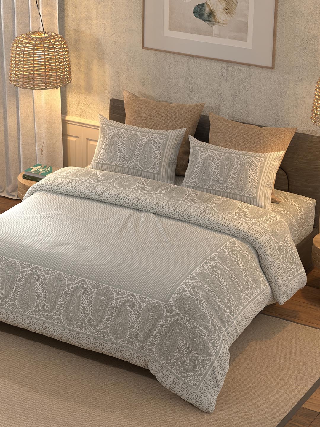 

BELLA CASA Grey & Off White Ethnic Motifs 350 TC Cotton King Bedsheet with 2 Pillow Covers