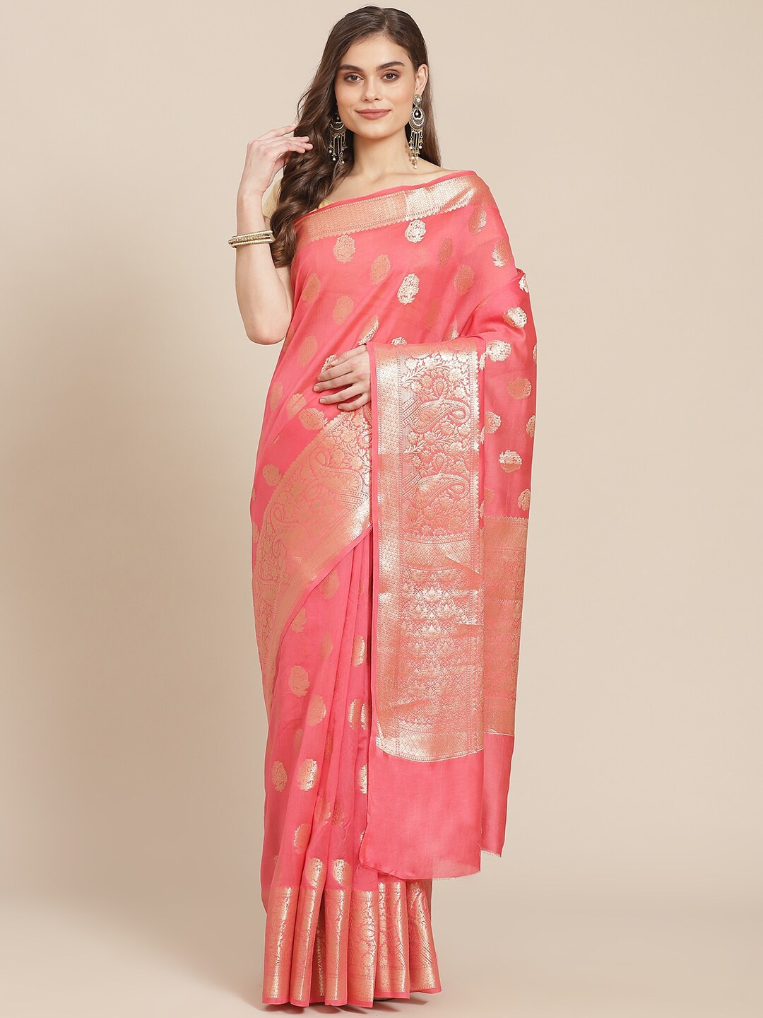 

Meena Bazaar Pink & Silver-Toned Ethnic Motifs Zari Pure Cotton Saree