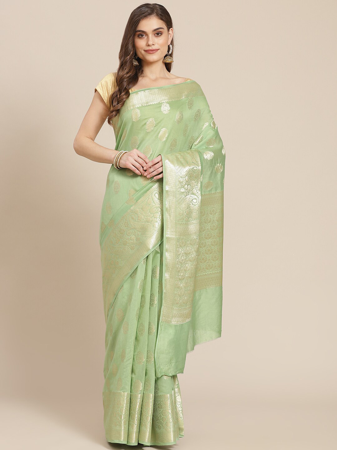 

Meena Bazaar Green & Gold-Toned Woven Design Zari Pure Cotton Saree