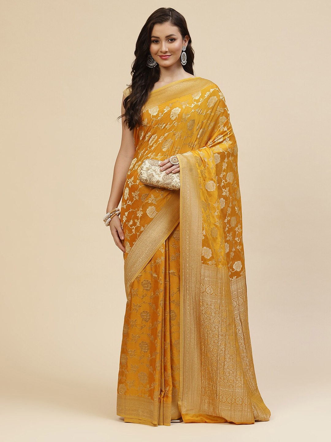 

Meena Bazaar Mustard & Gold-Toned Woven Design Zari Pure Georgette Saree