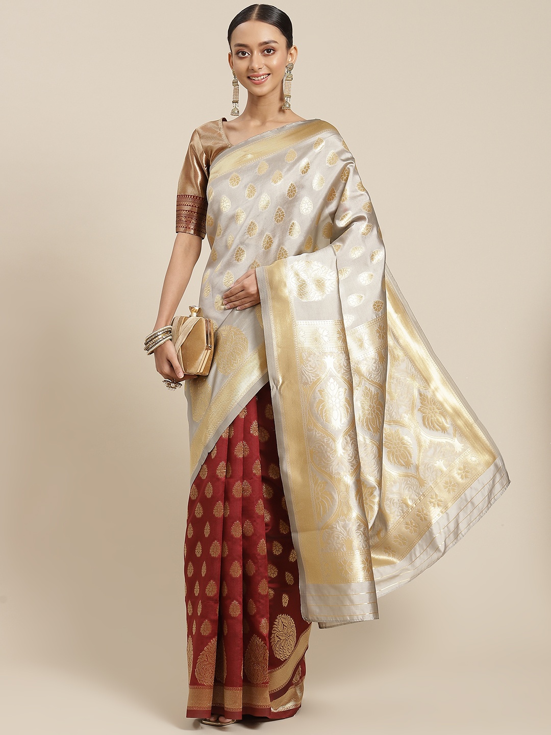 

Varanga Grey & Maroon Ethnic Motifs Zari Silk Blend Half and Half Banarasi Saree