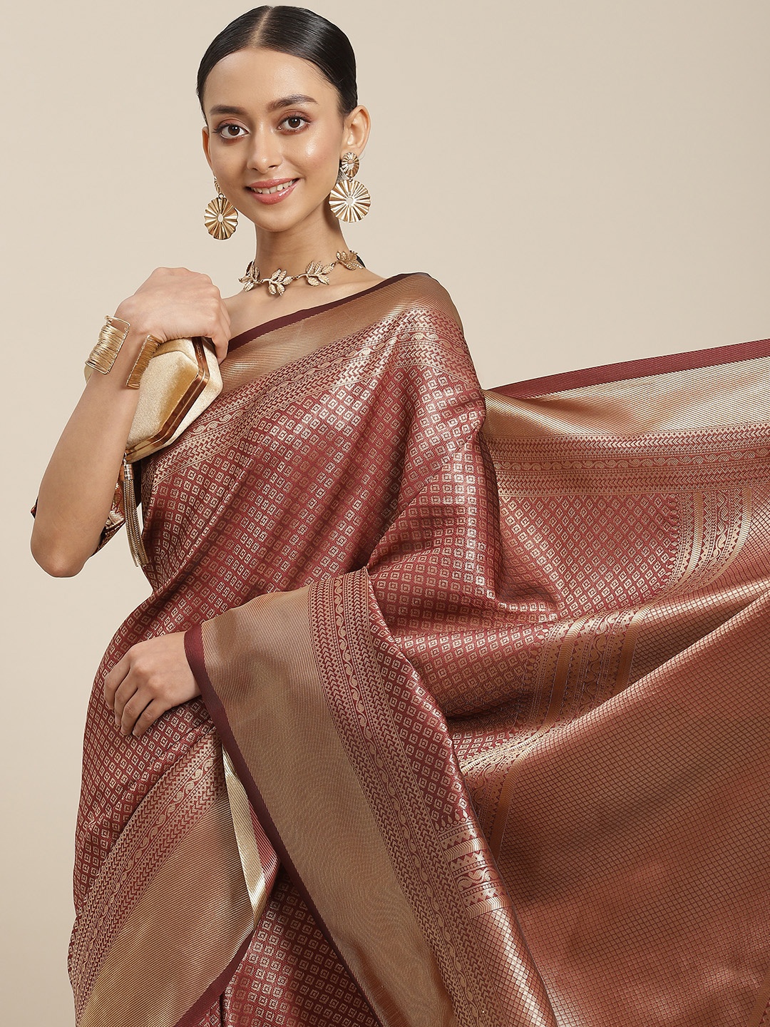 

Varanga Maroon & Golden Ethnic Motifs Zari Silk Blend Banarasi Saree
