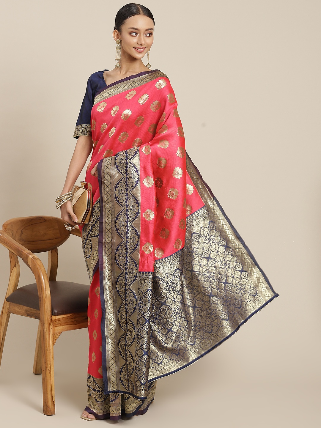 

Varanga Fuchsia Pink & Blue Ethnic Motifs Zari Silk Blend Banarasi Saree