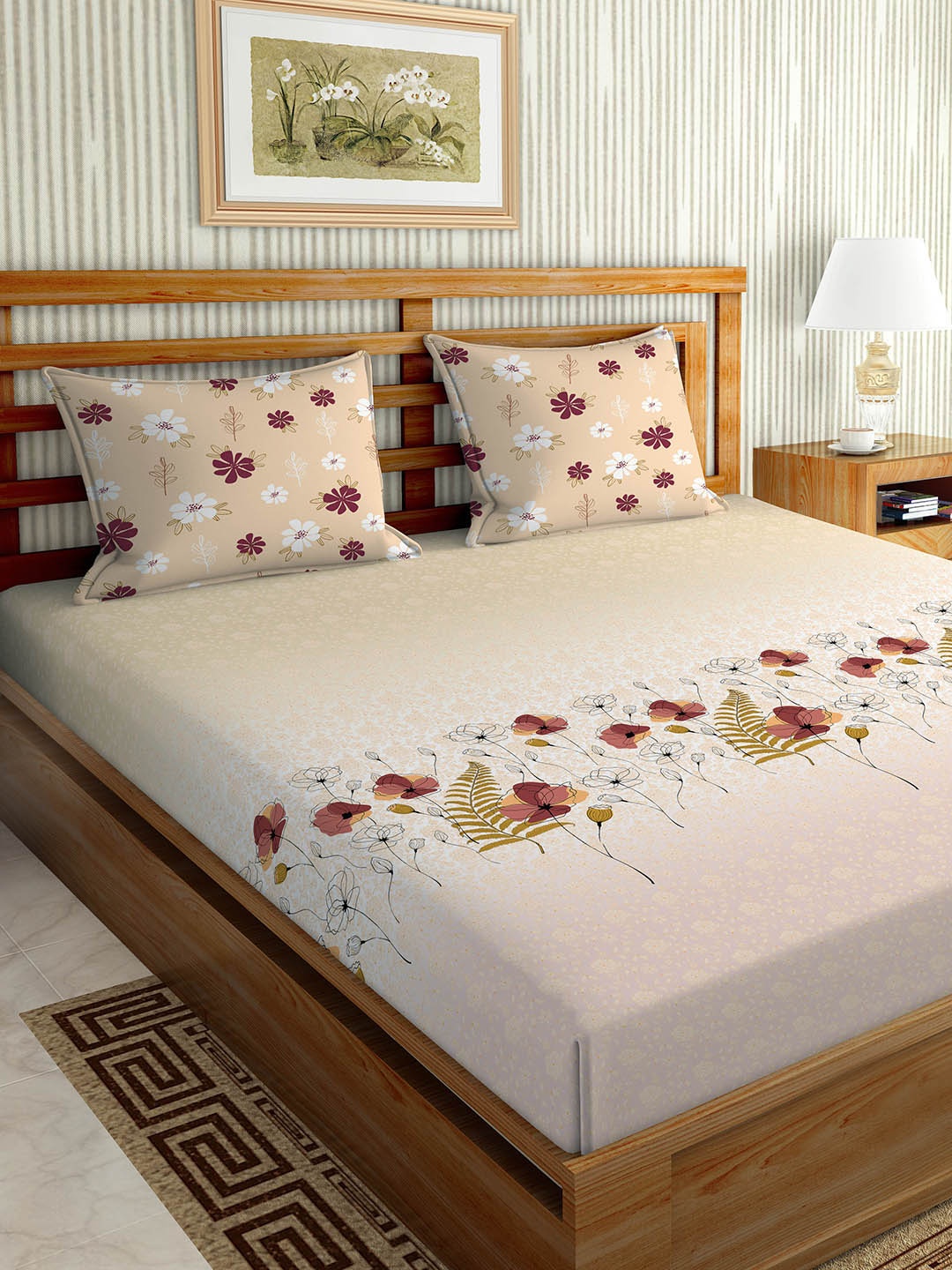 

BELLA CASA Beige & Red Floral 180 TC King Bedsheet with 2 Pillow Covers