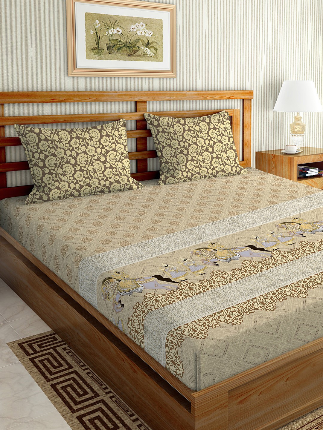 

BELLA CASA Beige & Brown Floral 180 TC King Bedsheet with 2 Pillow Covers