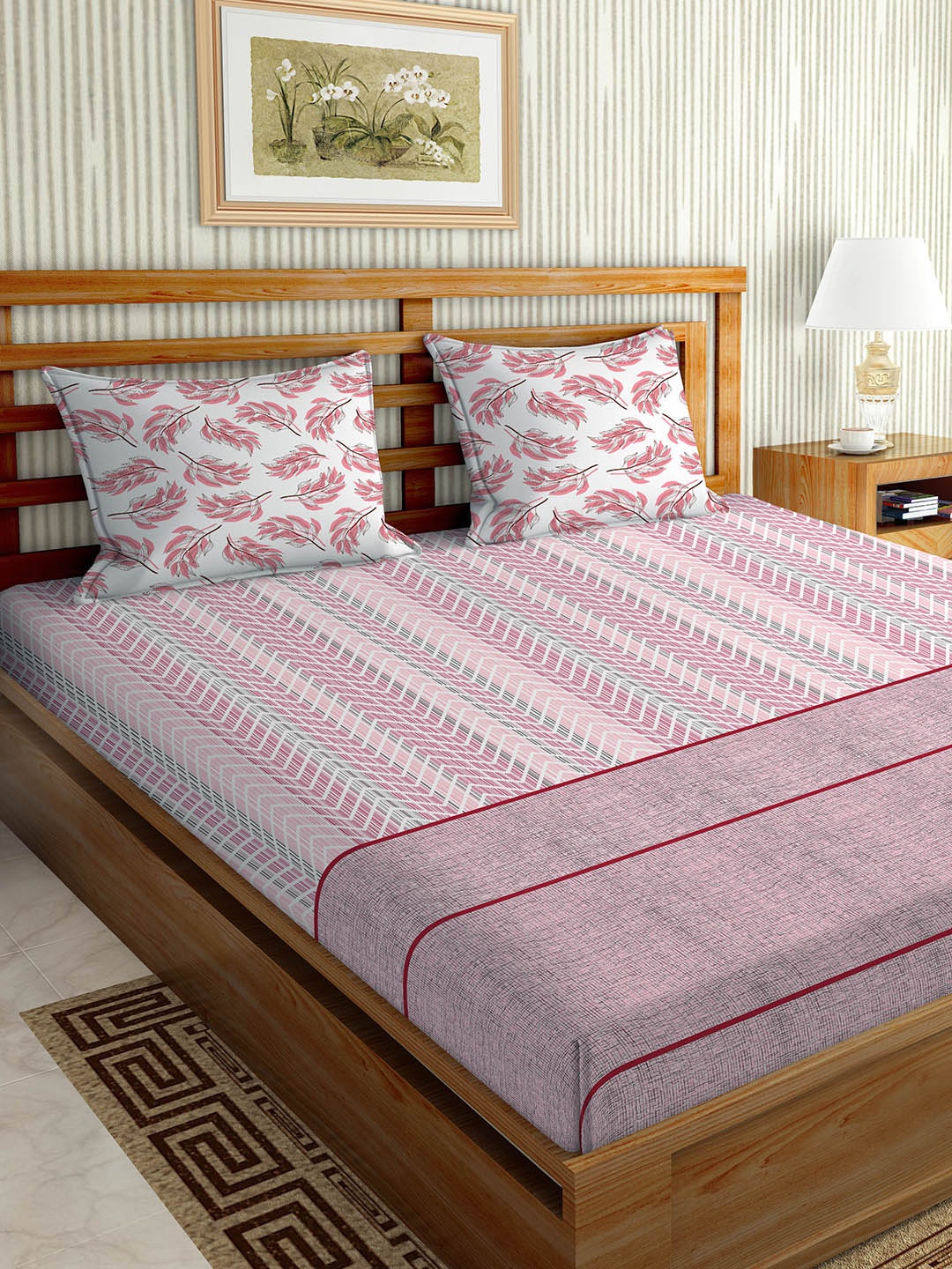 

BELLA CASA Pink & Grey Geometric 180 TC King Bedsheet with 2 Pillow Covers