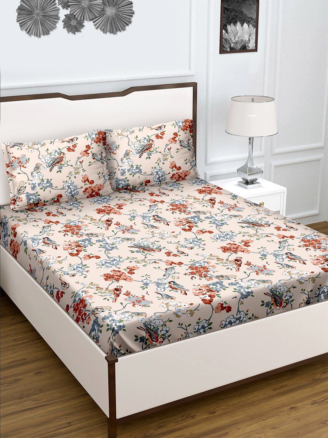 

BELLA CASA Peach-Coloured & Blue Floral 180 TC Cotton King Bedsheet with 2 Pillow Covers