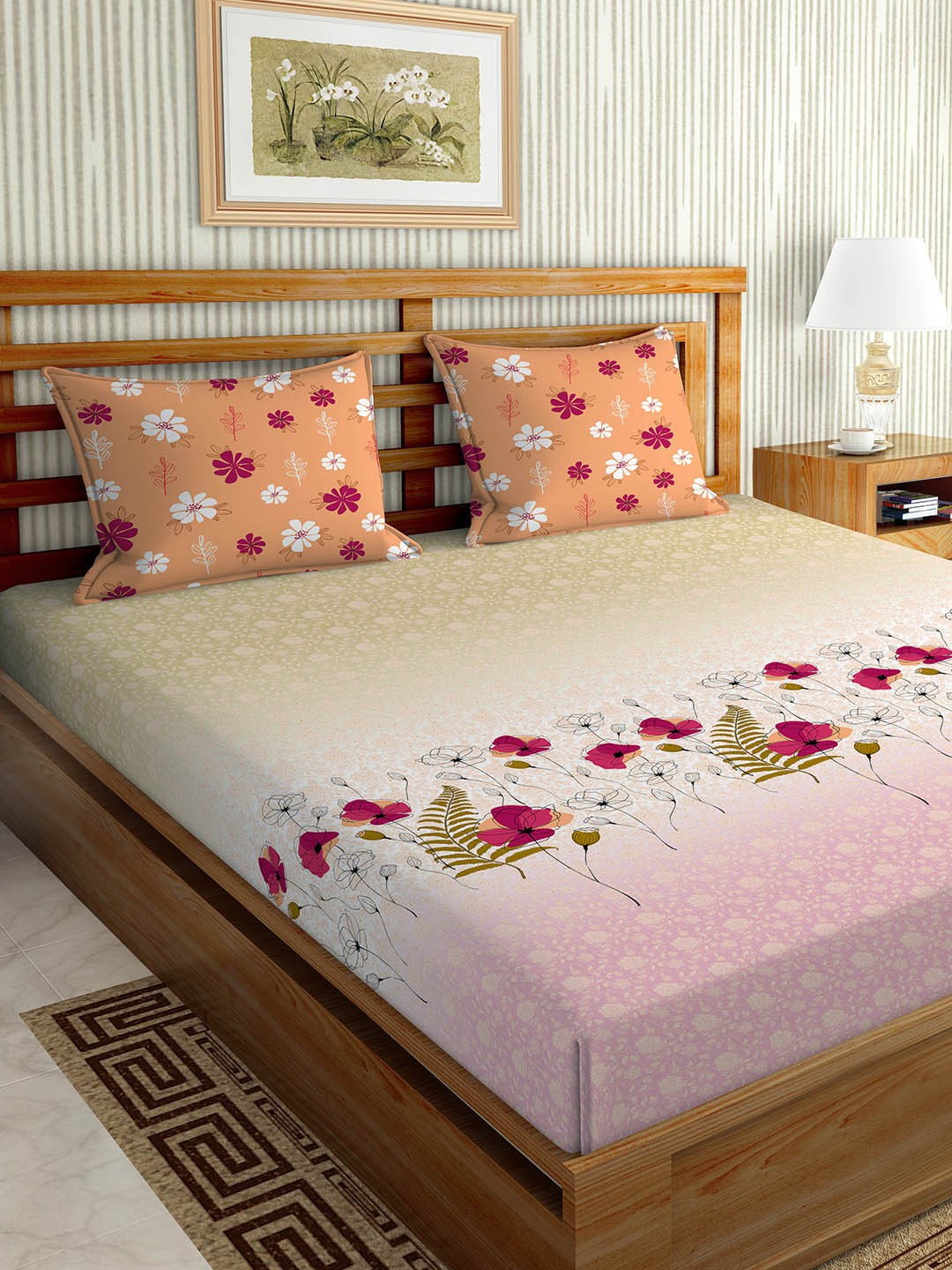 

BELLA CASA Peach & Pink Floral Printed 180 TC Cotton King Bedsheet with 2 Pillow Covers