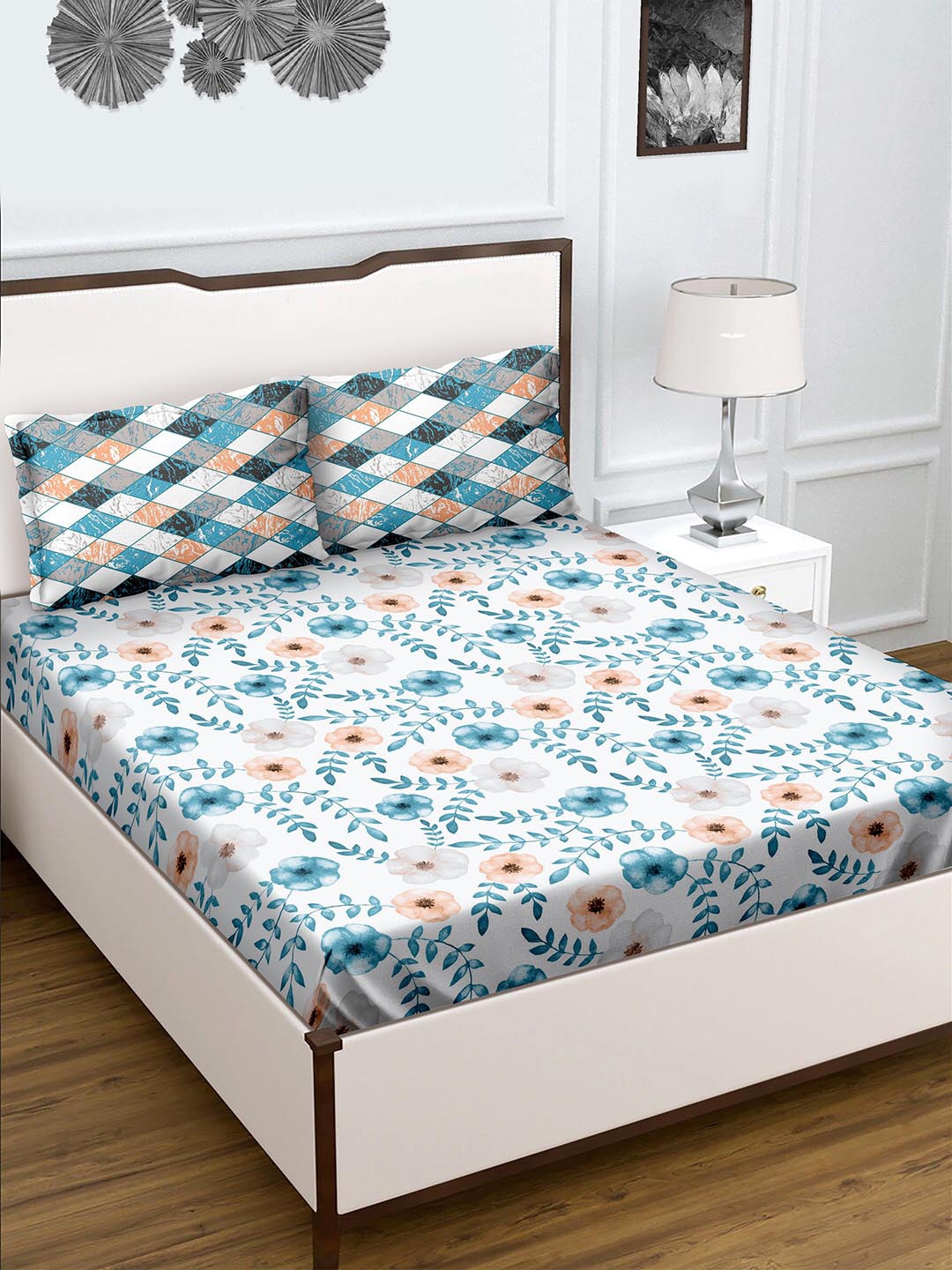 

BELLA CASA Teal & Pink Floral 180 TC Queen Bedsheet with 2 Pillow Covers