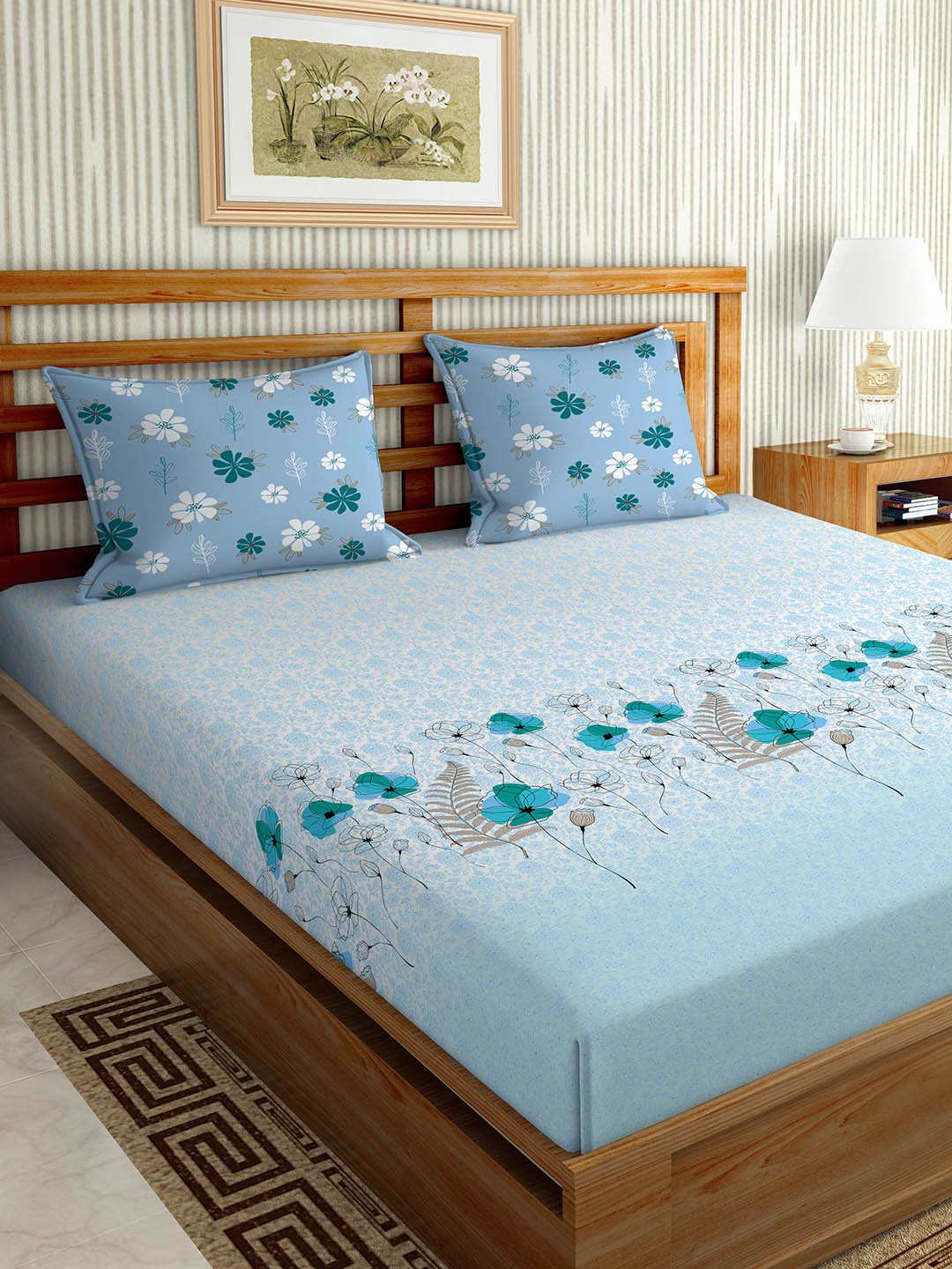 

BELLA CASA Blue & Grey Floral 180 TC King Bedsheet with 2 Pillow Covers