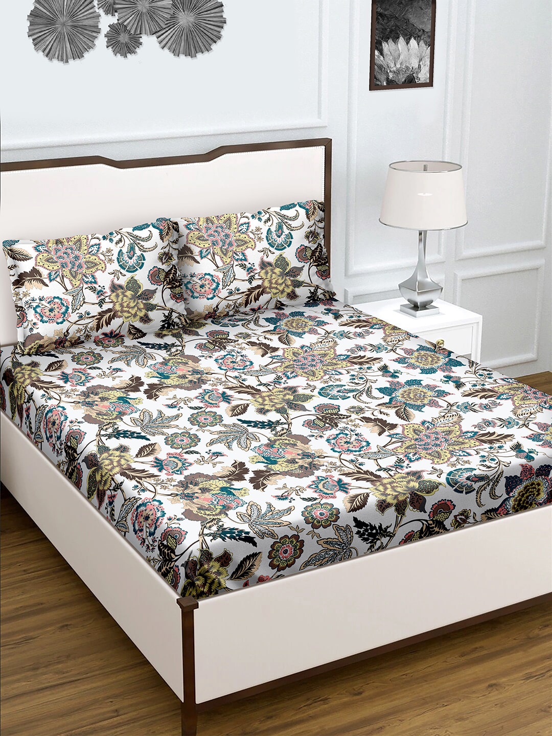 

BELLA CASA Off White & Teal Printed 180 TC Cotton Queen Bedsheet with 2 Pillow Covers
