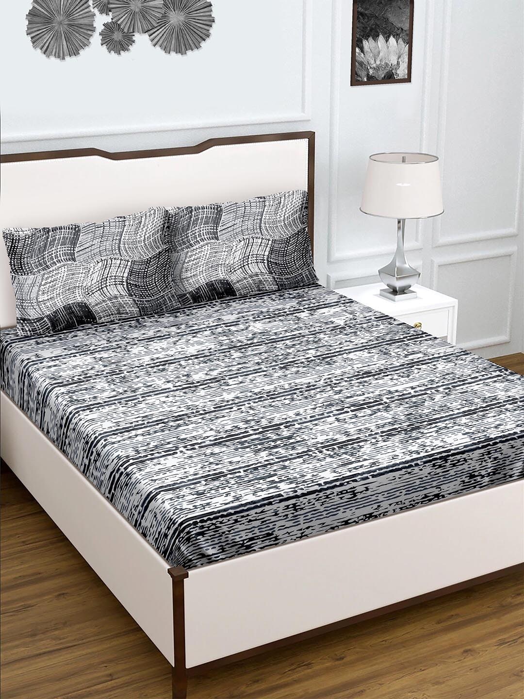 

BELLA CASA Grey & Off White 180 TC Genteel King Bedsheet with 2 Pillow Covers