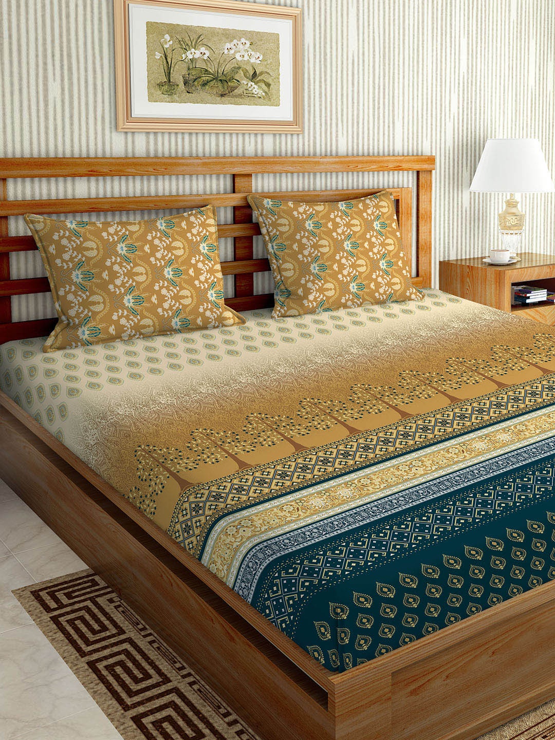 

BELLA CASA Brown & Green Floral 180 TC Cotton King Bedsheet with 2 Pillow Covers