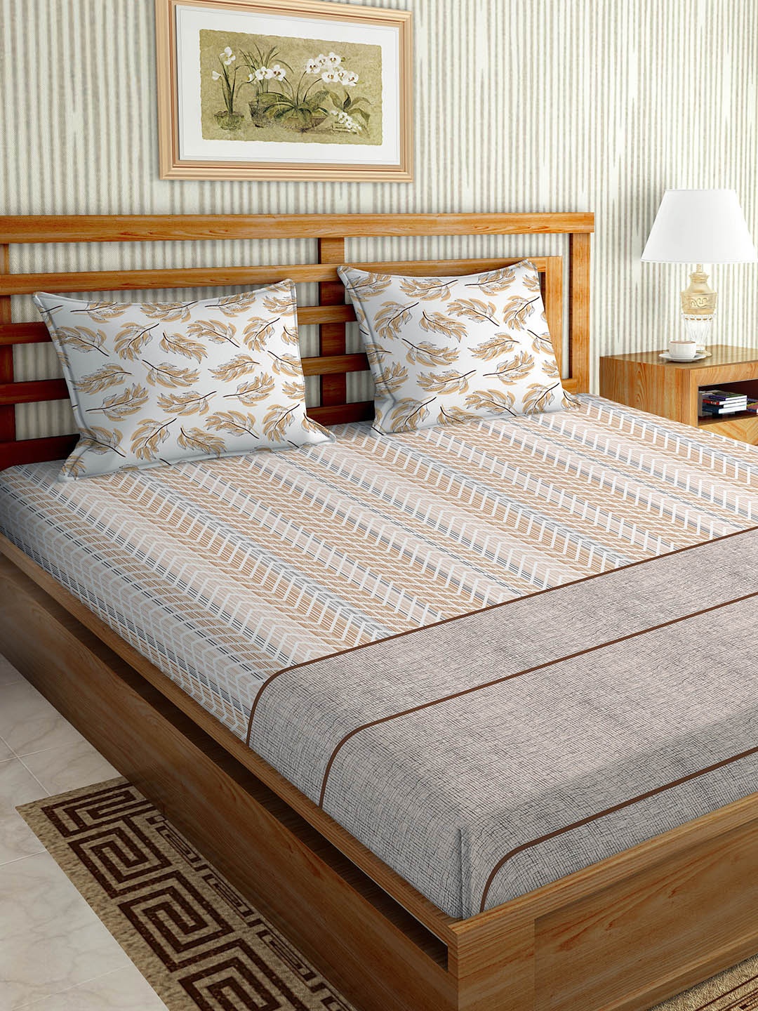 

BELLA CASA Brown & Beige Geometric 180 TC King Bedsheet with 2 Pillow Covers