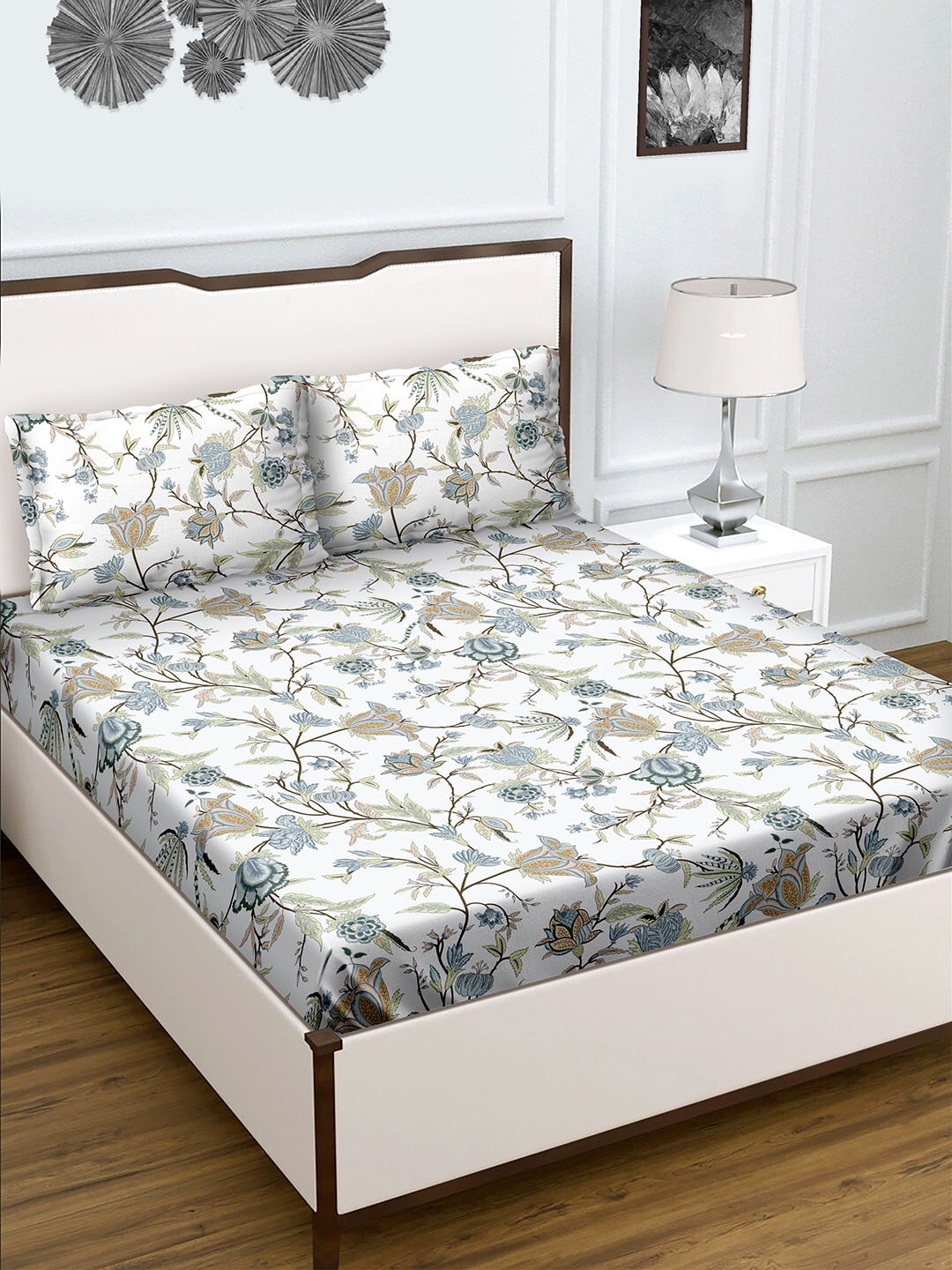 

BELLA CASA Blue Floral Genteel Collection 180 TC Queen Bedsheet with 2 Pillow Covers