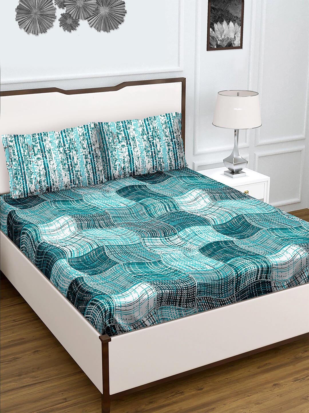 

BELLA CASA Teal & White 180 TC Queen Bedsheet with 2 Pillow Covers