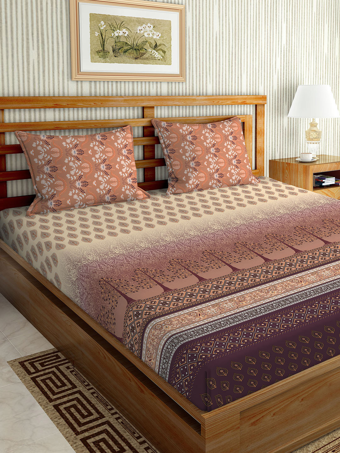 

BELLA CASA Brown & Purple Ethnic Motifs 180 TC King Bedsheet with 2 Pillow Covers