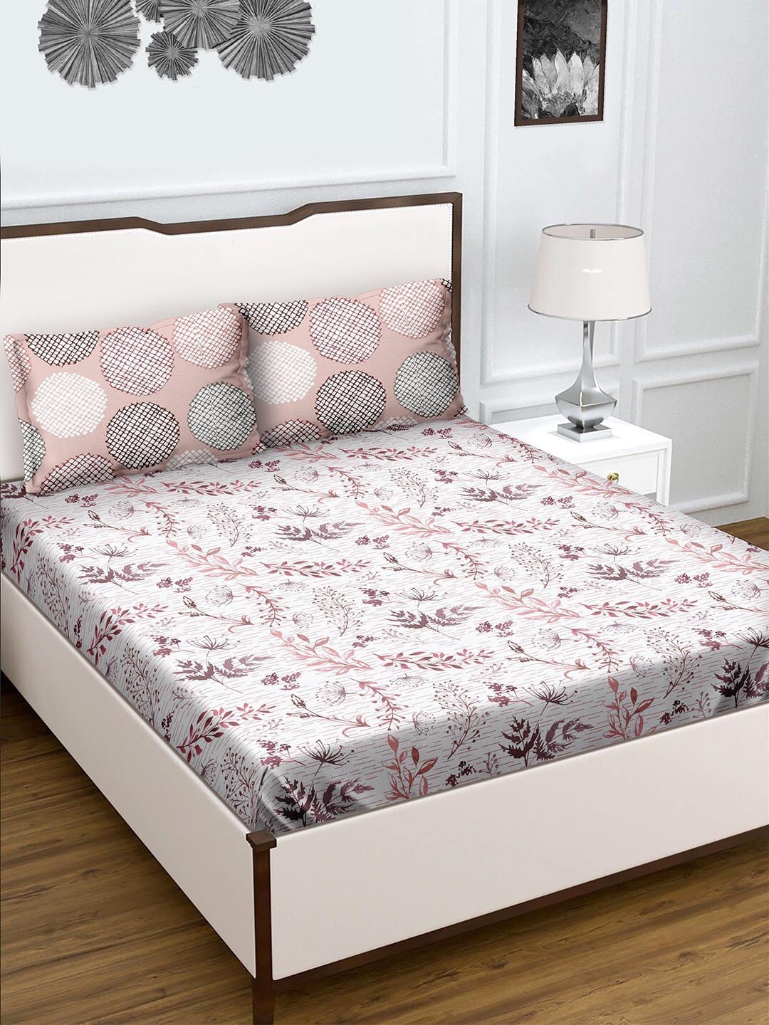 

BELLA CASA Pink & Off White Floral 180 TC king Bedsheet with 2 Pillow Covers