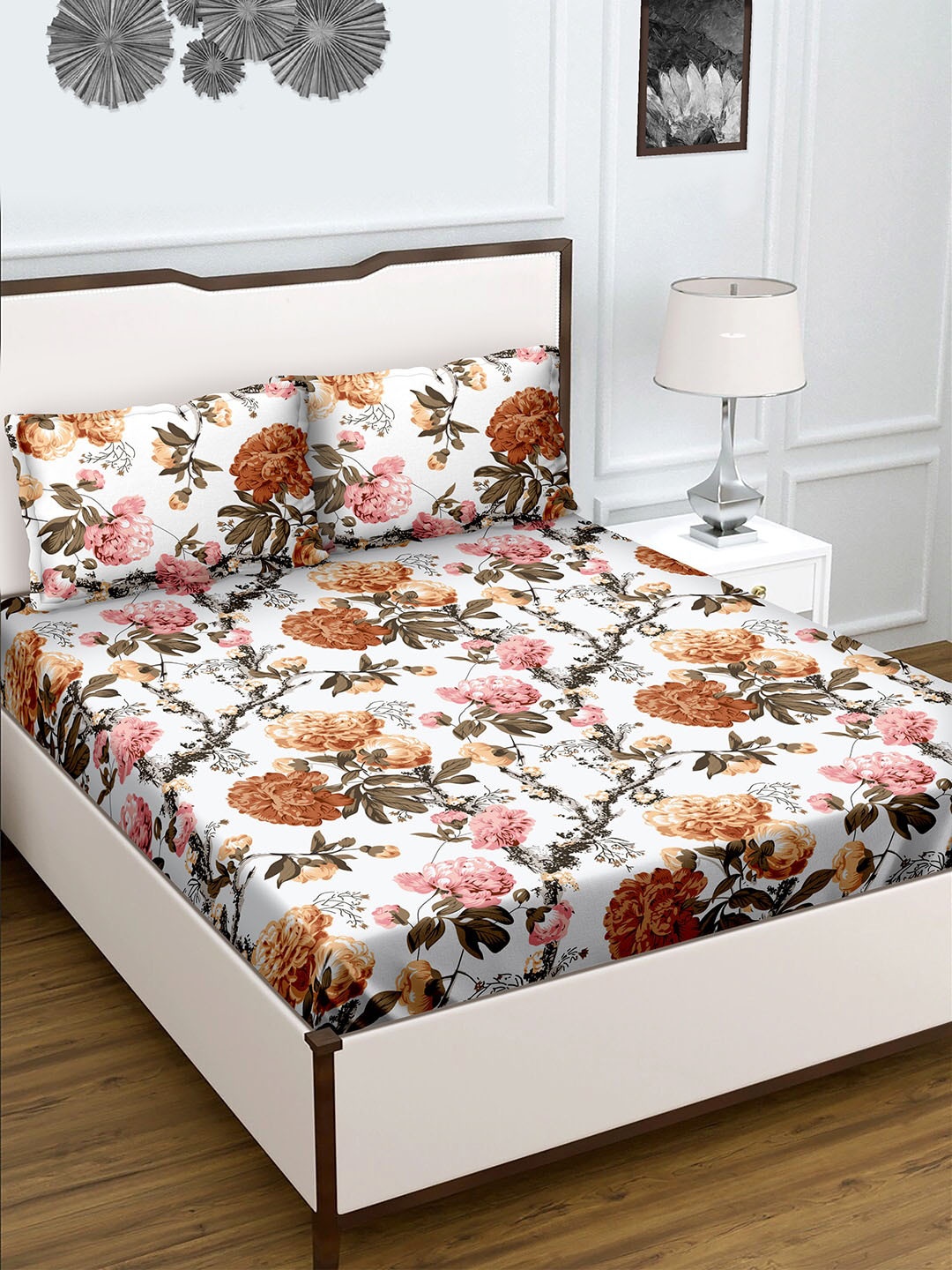 

BELLA CASA Teal & White Floral 180 TC Genteel King Bedsheet with 2 Pillow Covers