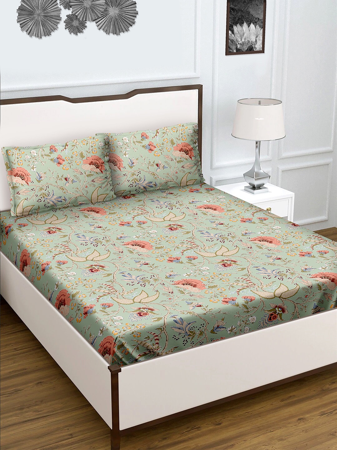 

BELLA CASA Green & Pink Floral 180 TC Queen Bedsheet with 2 Pillow Covers
