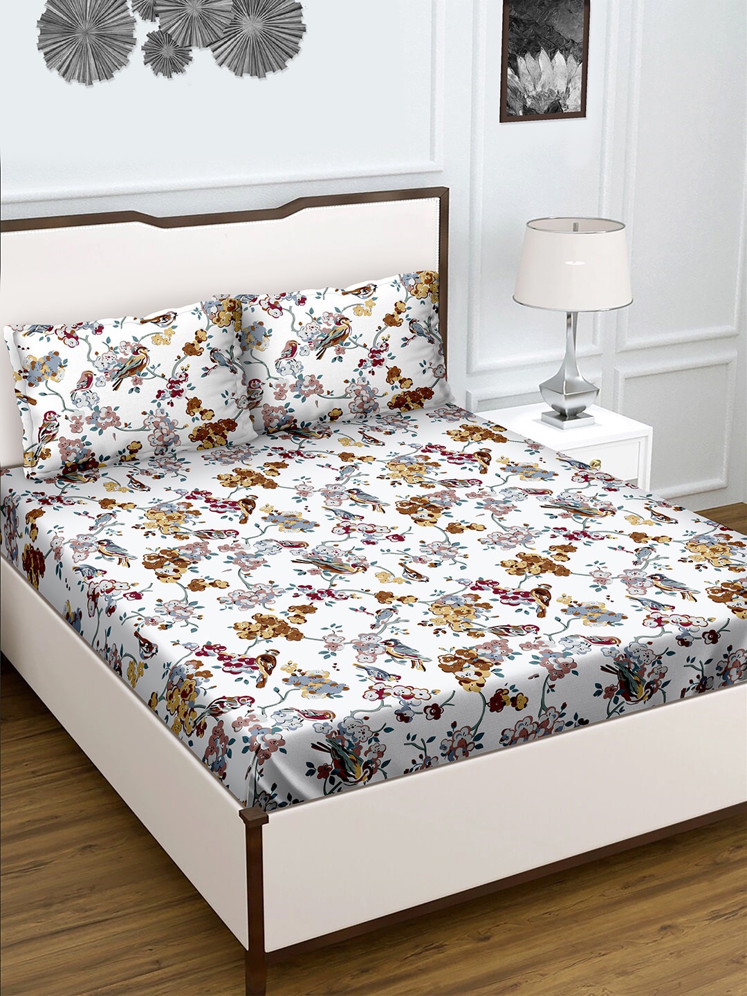 

BELLA CASA White & Brown Floral 180 TC Queen Bedsheet with 2 Pillow Covers