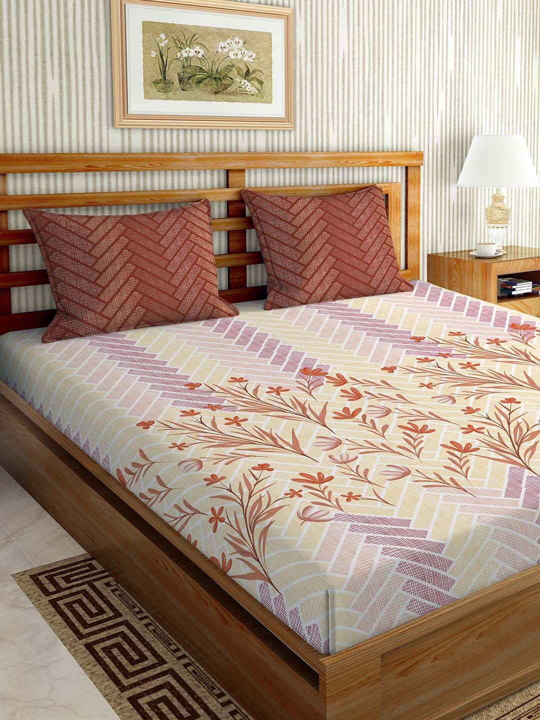 

BELLA CASA Brown & Purple Floral 180 TC King Bedsheet with 2 Pillow Covers