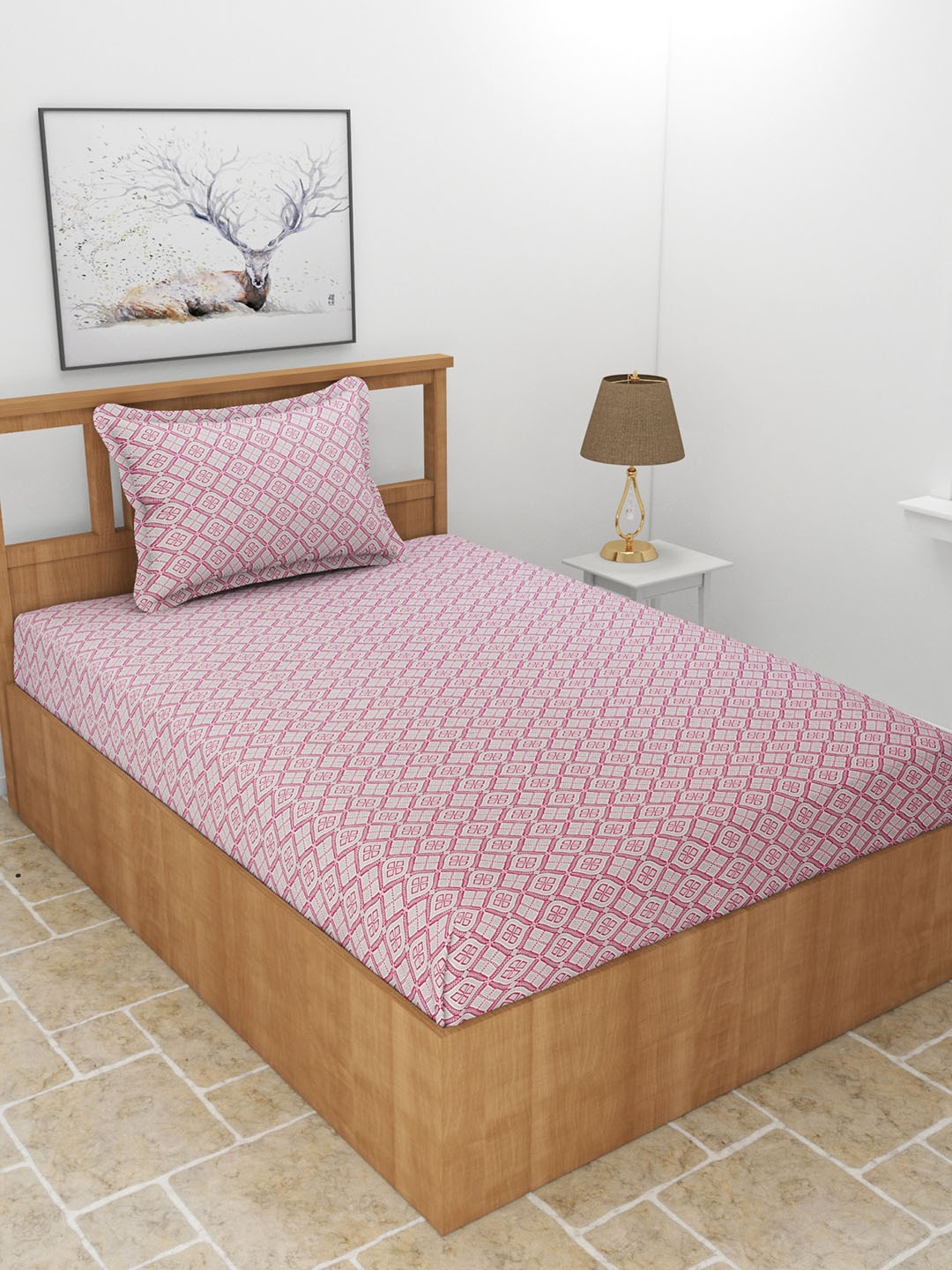 

MORADO Pink & Grey Geometric 210 TC Single Bedsheet with 1 Pillow Cover