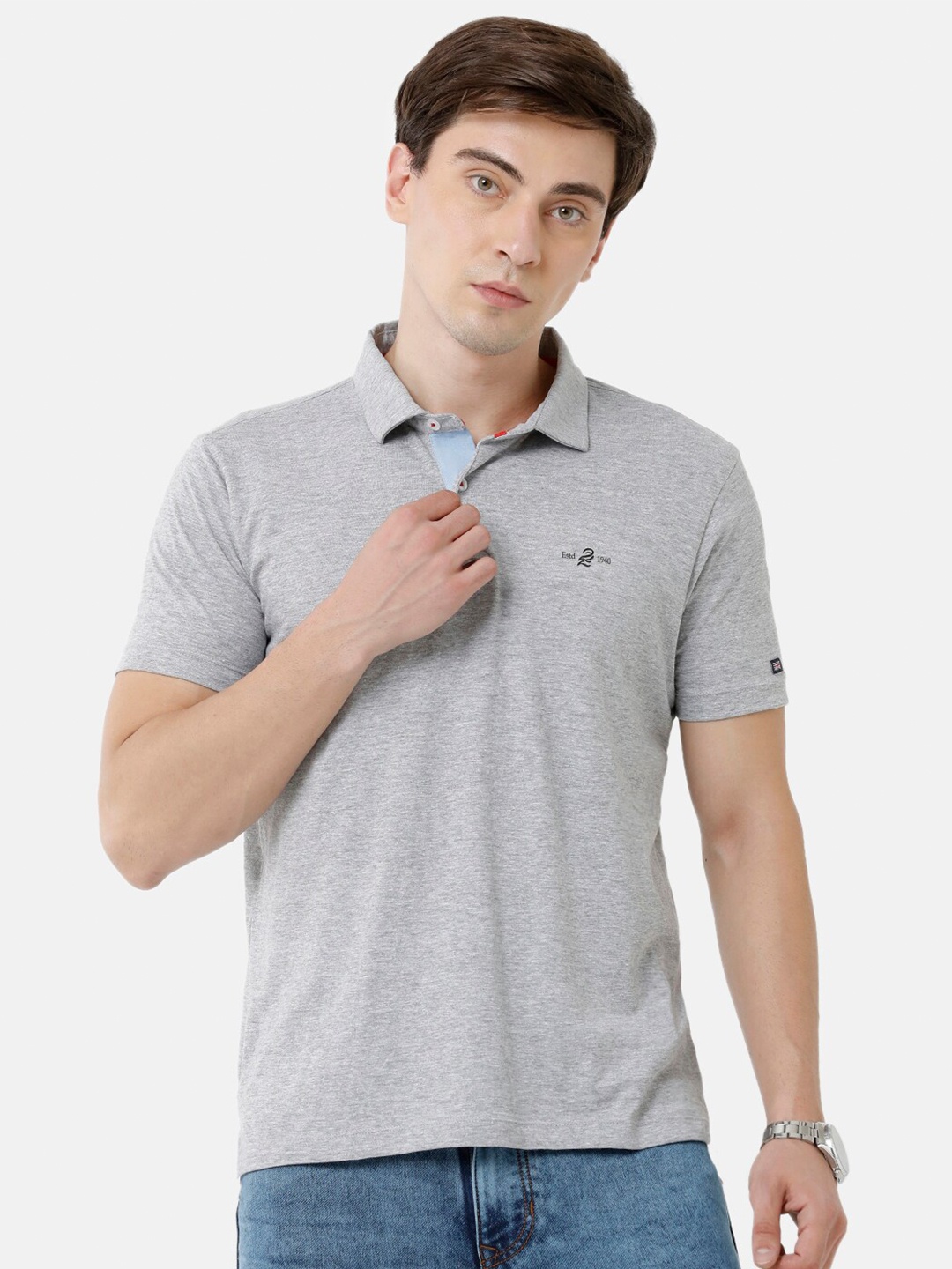 

Double Two Men Grey Polo Collar Slim Fit T-shirt