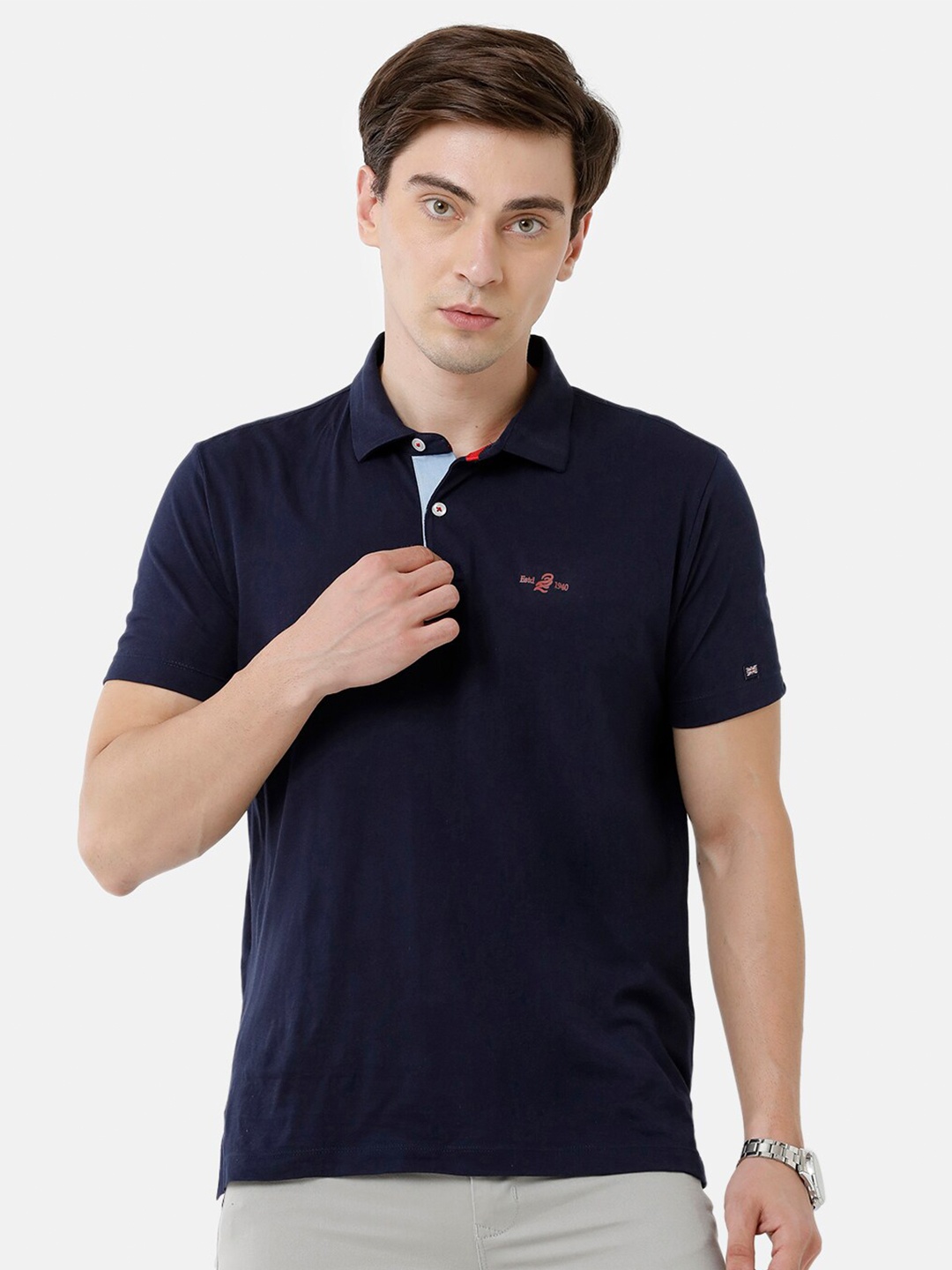 

Double Two Men Navy Blue Polo Collar Slim Fit T-shirt