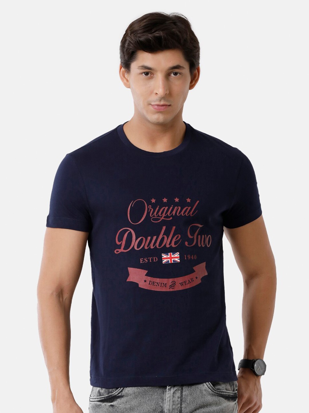 

Double Two Men Navy Blue Typography Printed Slim Fit T-shirt