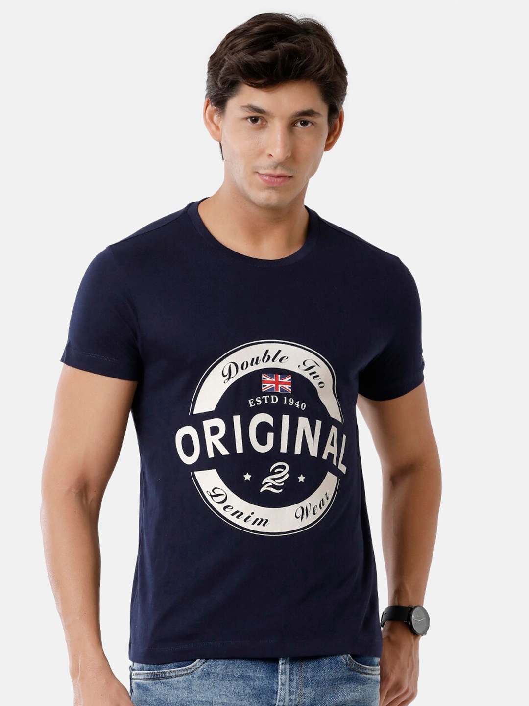 

Double Two Men Navy Blue Typography Printed Slim Fit T-shirt