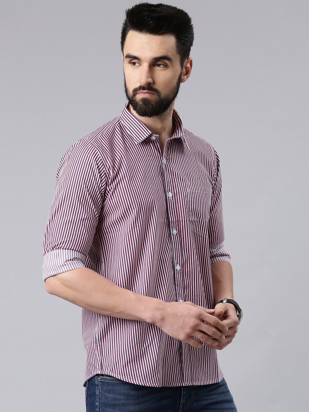

Kryptic Men Red Smart Bengal Striped Casual Shirt