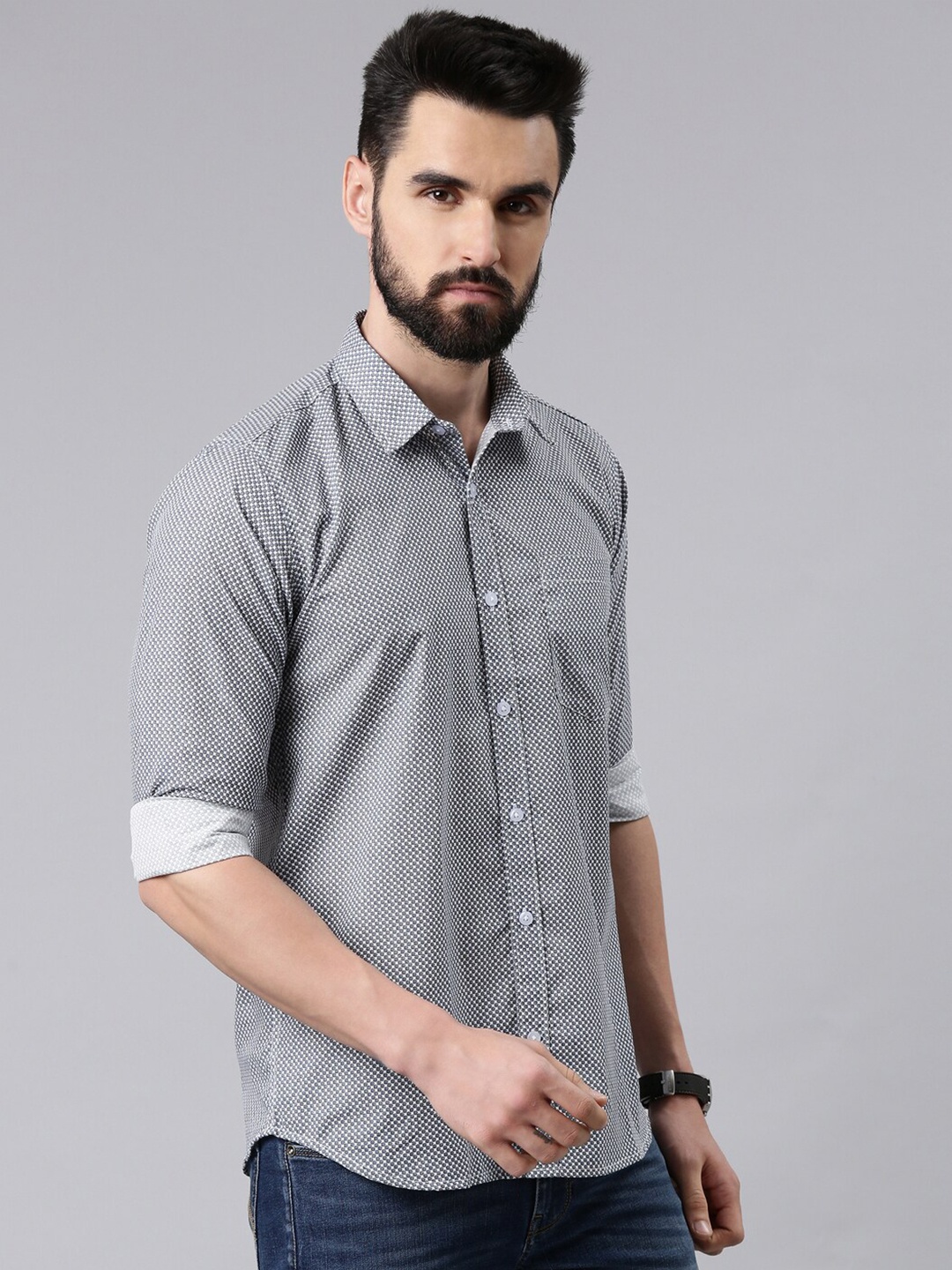 

Kryptic Men Grey & White Smart Printed Casual Shirt