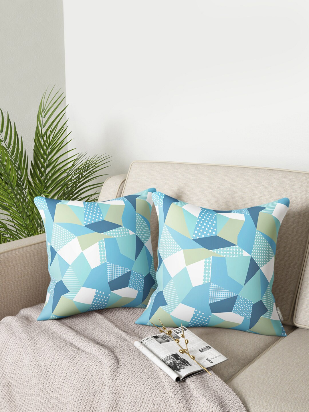 

PETAL HOME Set of 2 Geometric Printed Square Pure Cotton Cushion Covers, Blue