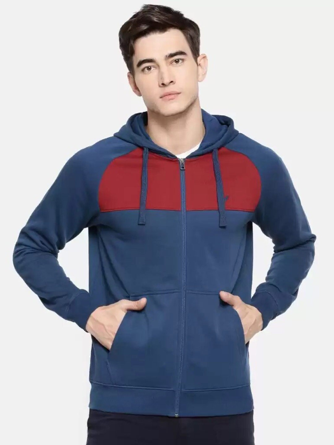 

Wildcraft Men Navy Blue Colourblocked Hooded Sweatshirt